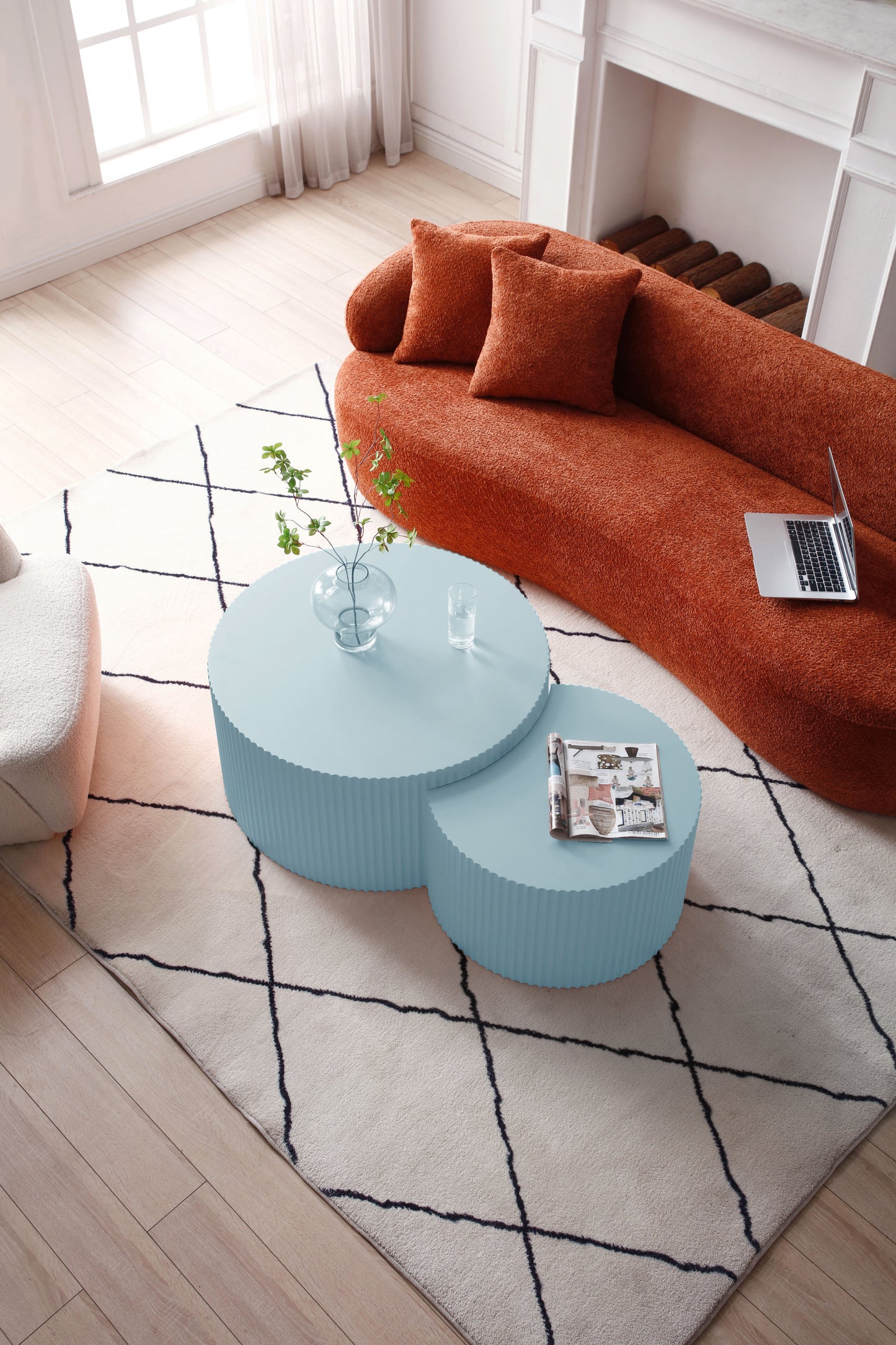Handcrafted Relief MDF Nesting Table Set of 2, No Assembly Required, Light Blue - Coffee Table Set for Effortless Style