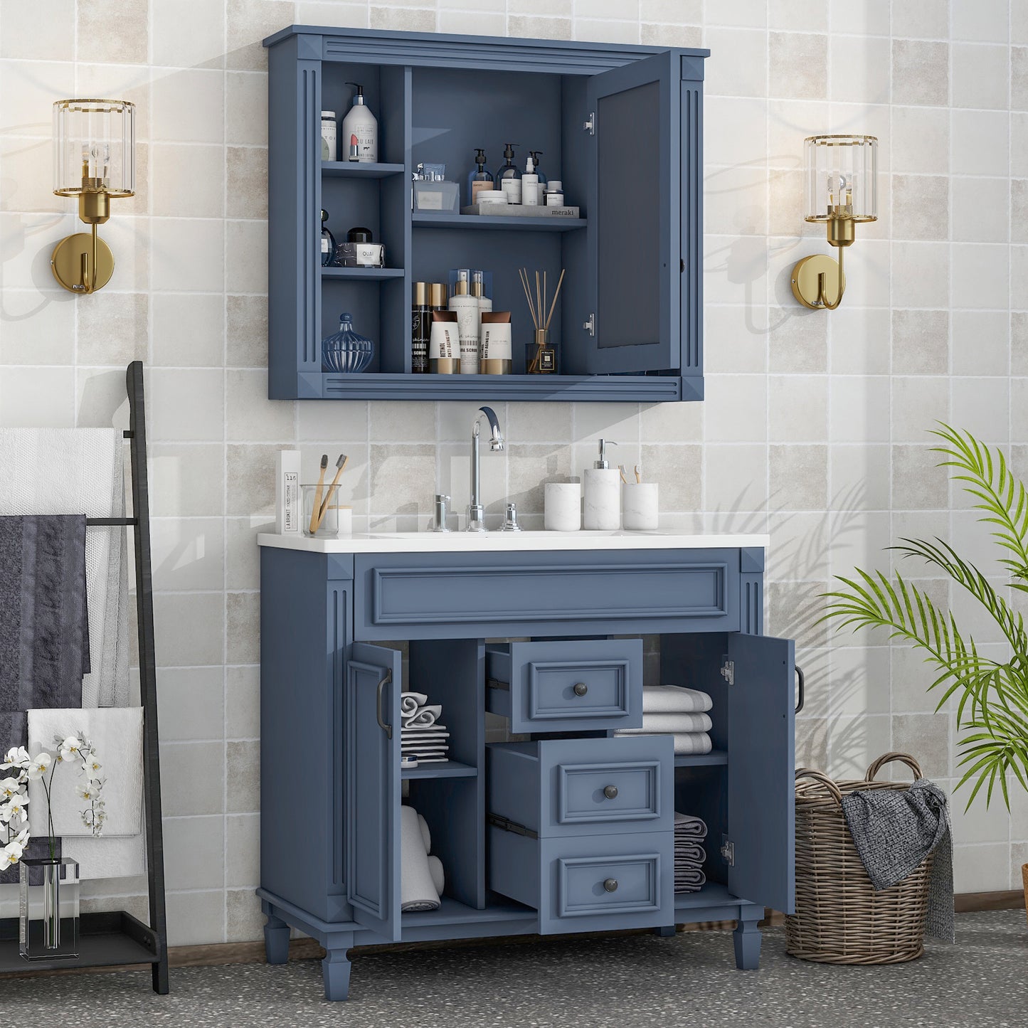 36'' Bathroom Vanity with Top Sink - Royal Blue Mirror Cabinet, Modern Storage Cabinet with 2 Doors and 2 Drawers - Single Sink Vanity