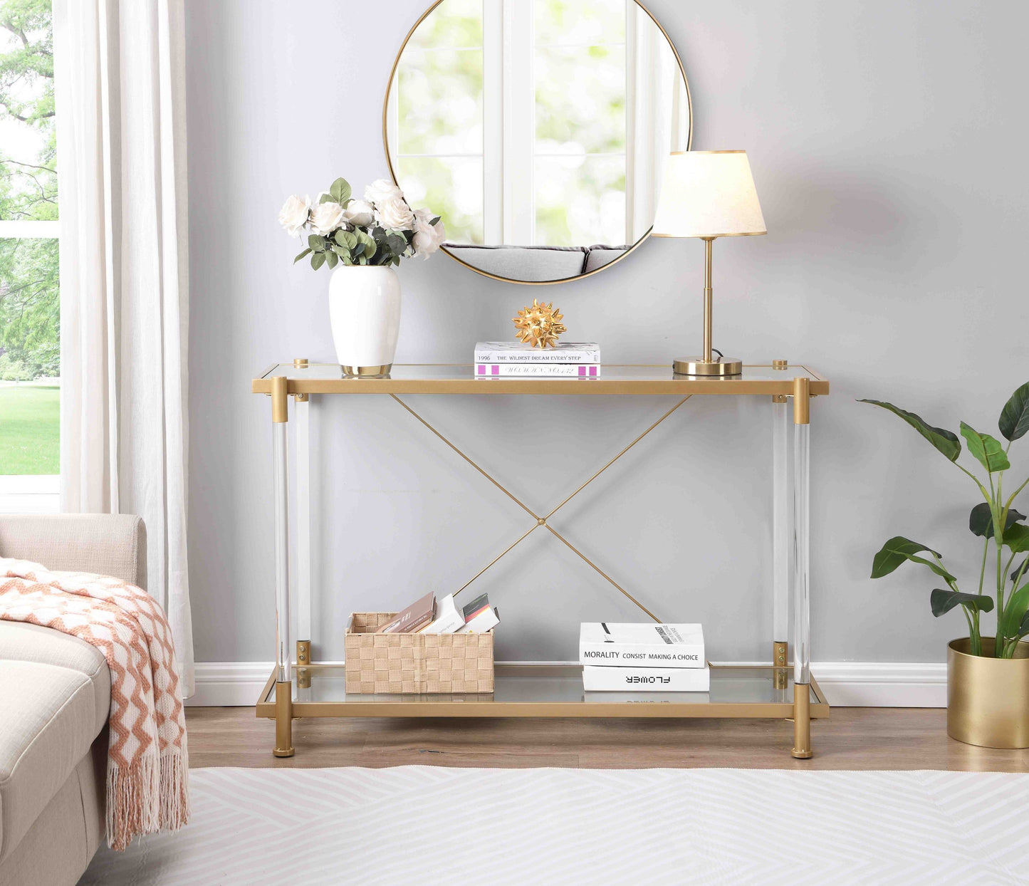 43.31'' Golden Glass Sofa Table - Acrylic Side Table for Living Room & Bedroom - Console Table with Elegant Design and Spacious Surface