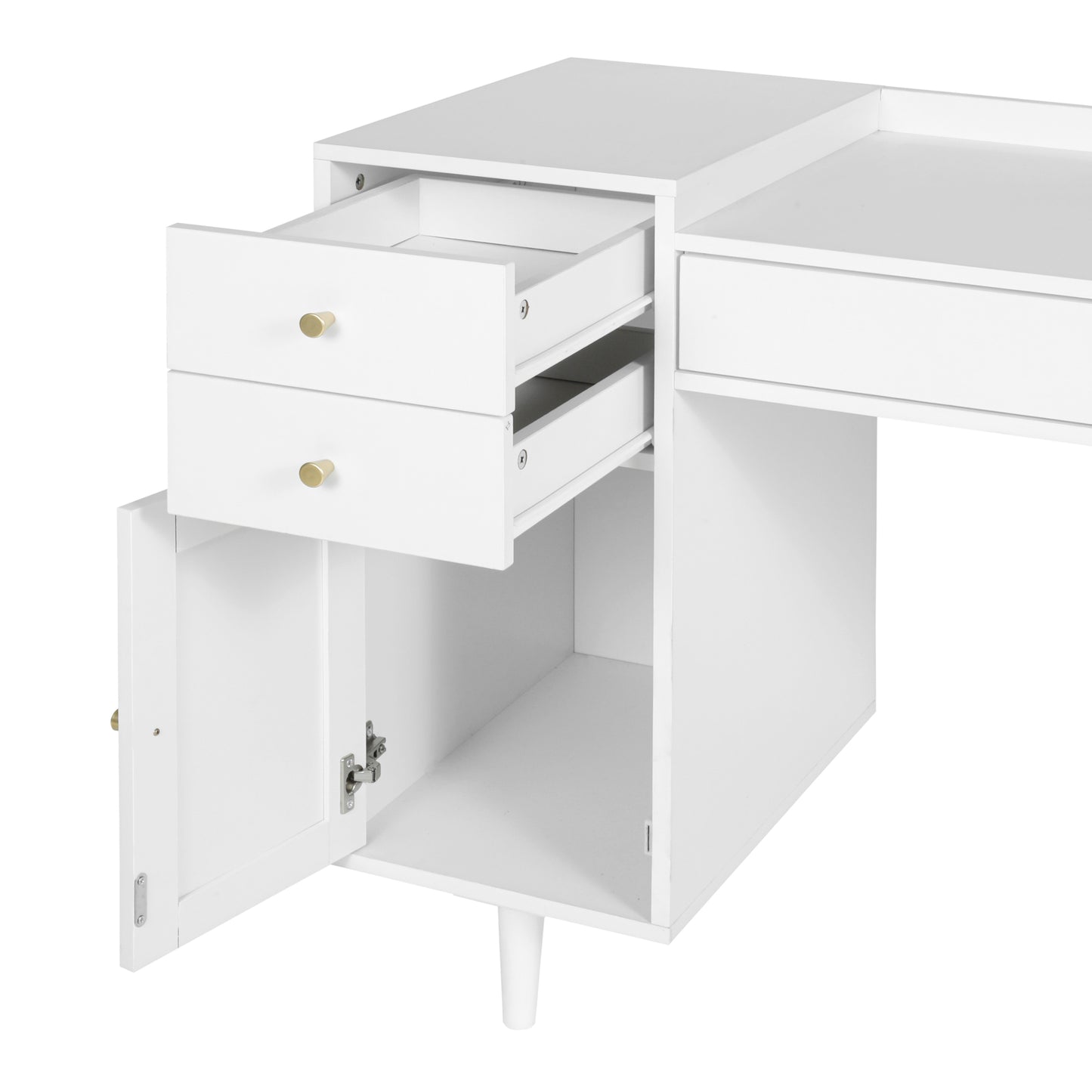 Makeup Vanity with Drawers | Mid-Century White Wood Dressing Table Desk | Rattan Door | Size Options