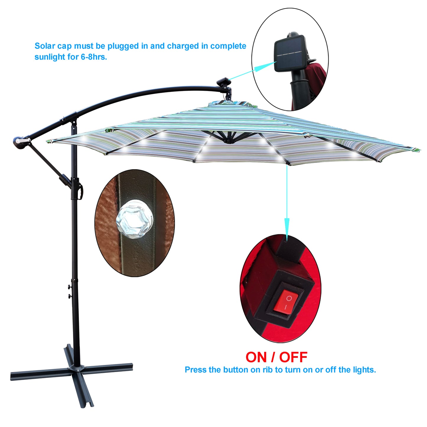 10 ft Outdoor Patio Umbrella - Solar Powered LED Lighted Sun Shade Market Waterproof 8 Ribs Umbrella with Crank and Cross Base - Garden Deck Backyard Pool Shade - Outside Deck Swimming Pool - Black