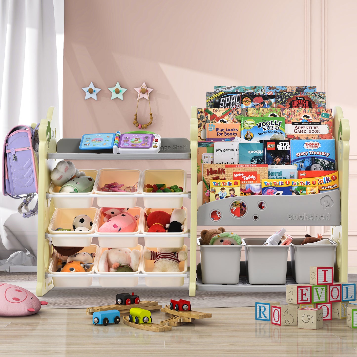 Kids Bookshelf Toy Storage Organizer: 12 Bins, 4 Bookshelves, Multi-functional Nursery Organizer, HDPE Shelf and Bins