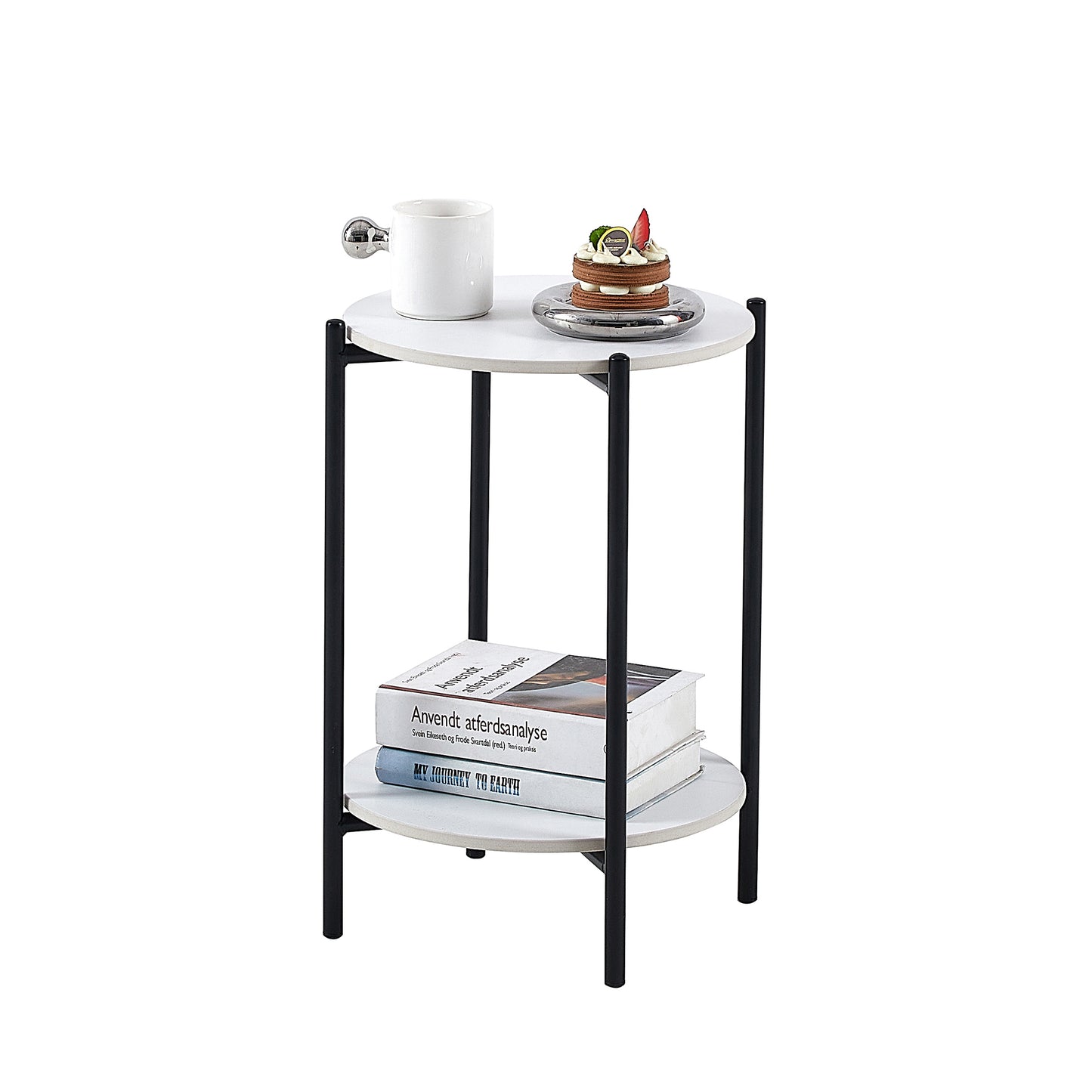 2-Layer End Table with Whole Marble Tabletop, Round Coffee Table with Black Metal Frame - White,1 piece: Stylish and Functional Furniture for Bedroom Living Room Office.