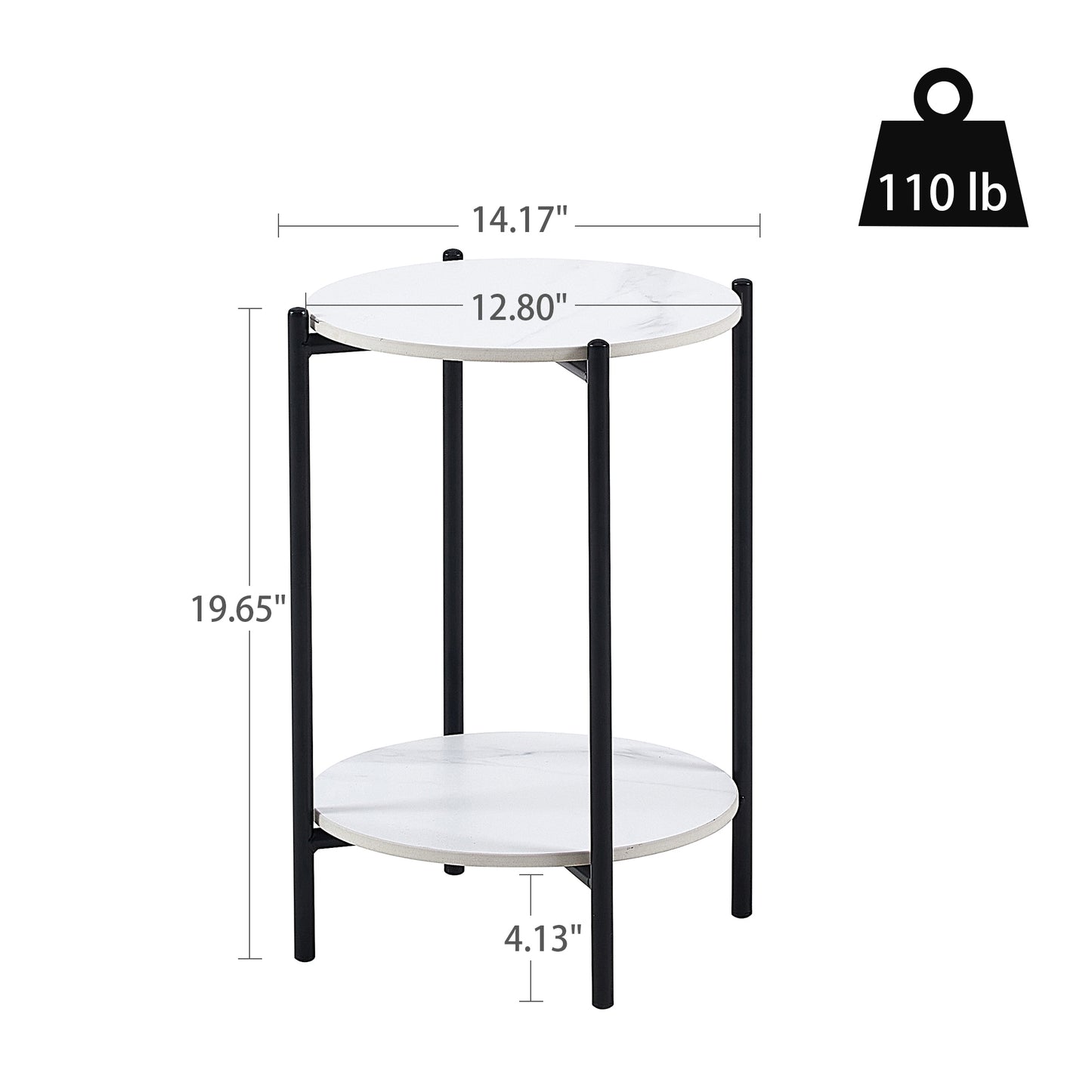 2-Layer End Table with Whole Marble Tabletop, Round Coffee Table with Black Metal Frame - White,1 piece: Stylish and Functional Furniture for Bedroom Living Room Office.