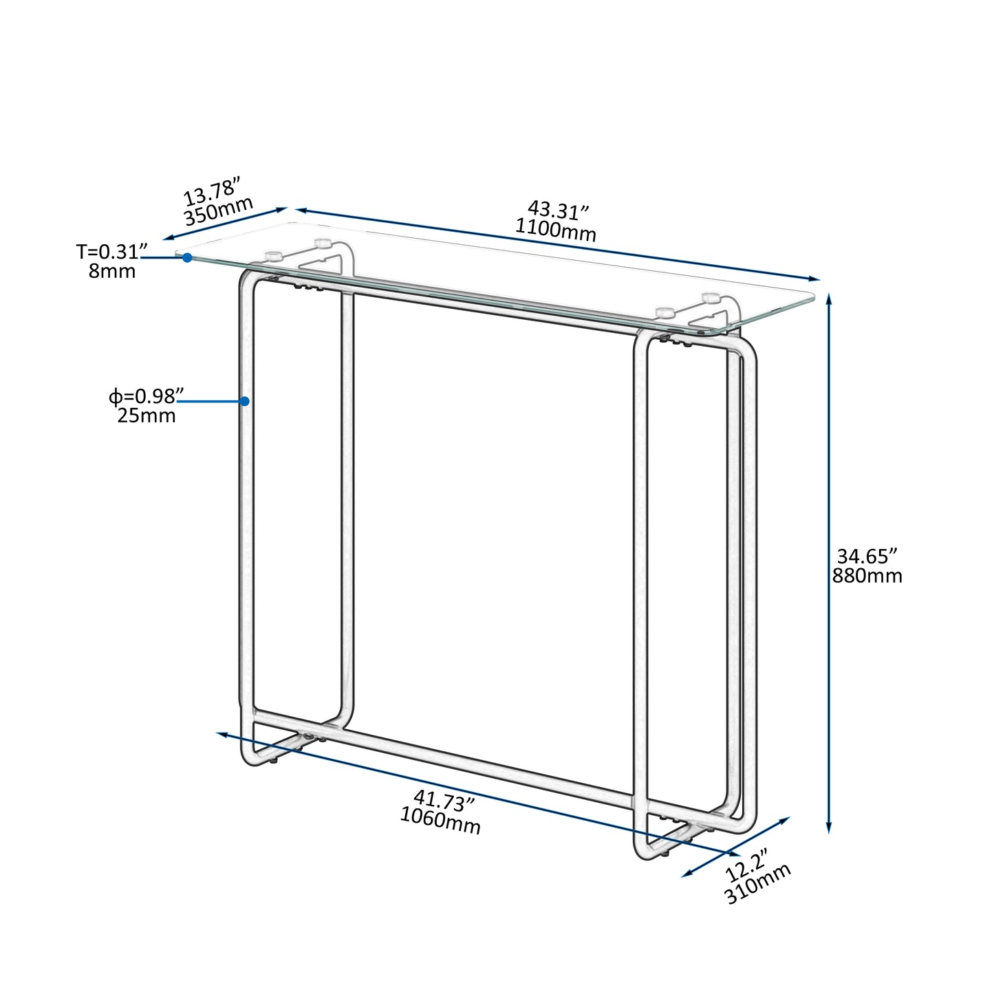 Single Layer Tempered Glass Rectangular Porch Table - Black Leg, Double Tempered Glass Tea Table, Transparent