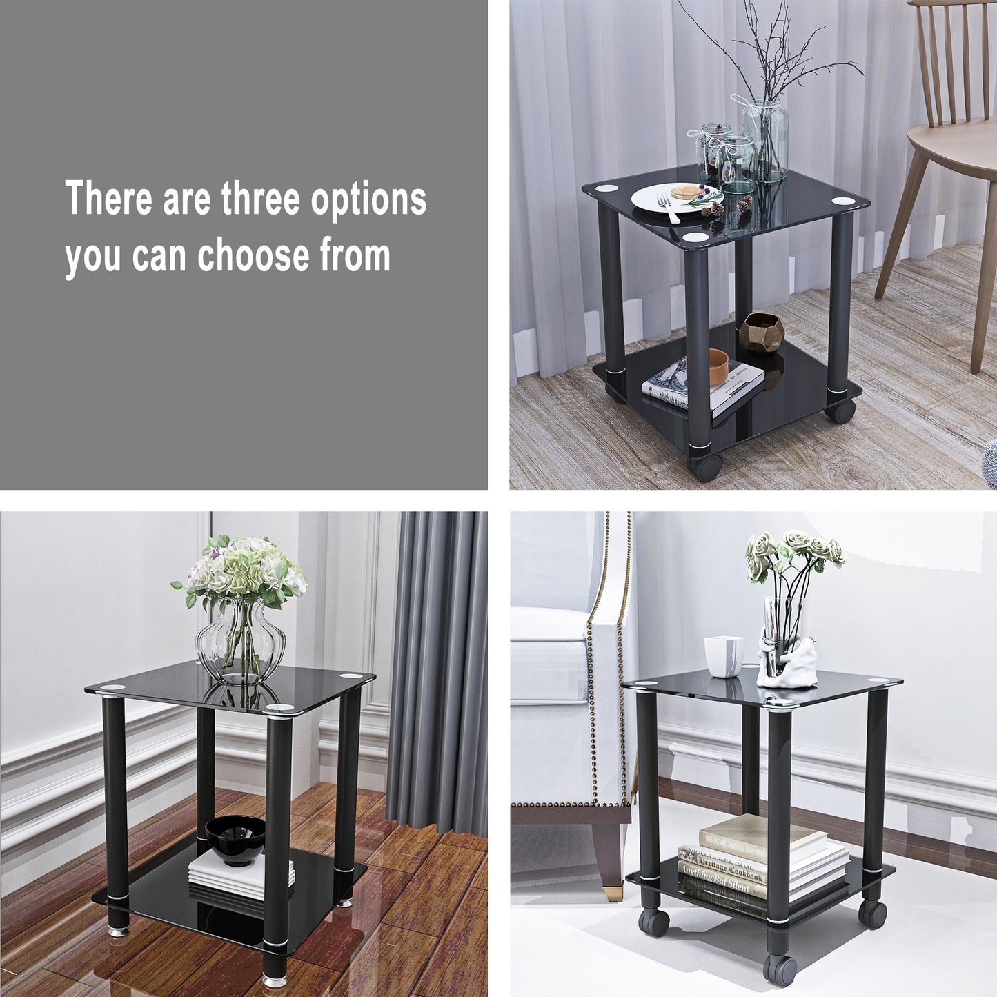 2-Piece Black Side Table: 2-Tier Space End Table, Modern Night Stand with Storage Shelve