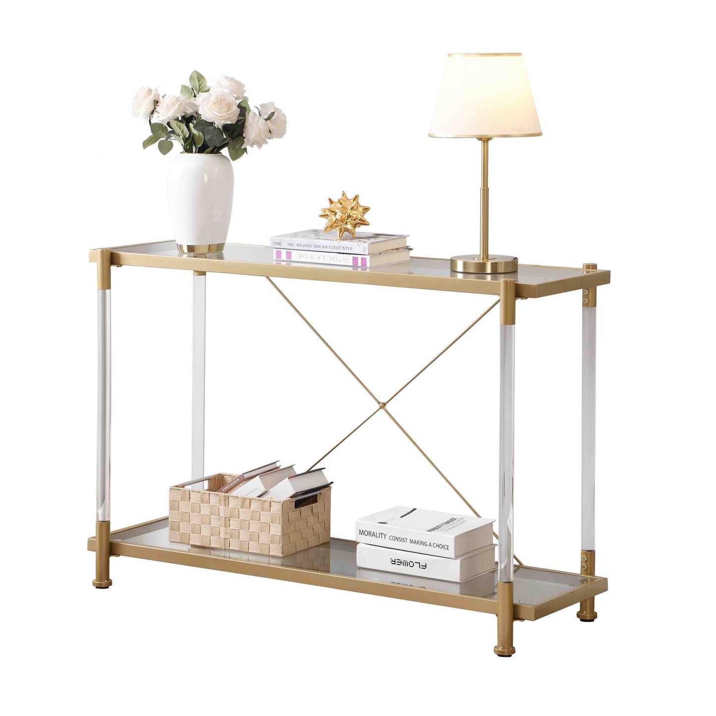 43.31'' Golden Glass Sofa Table - Acrylic Side Table for Living Room & Bedroom - Console Table with Elegant Design and Spacious Surface