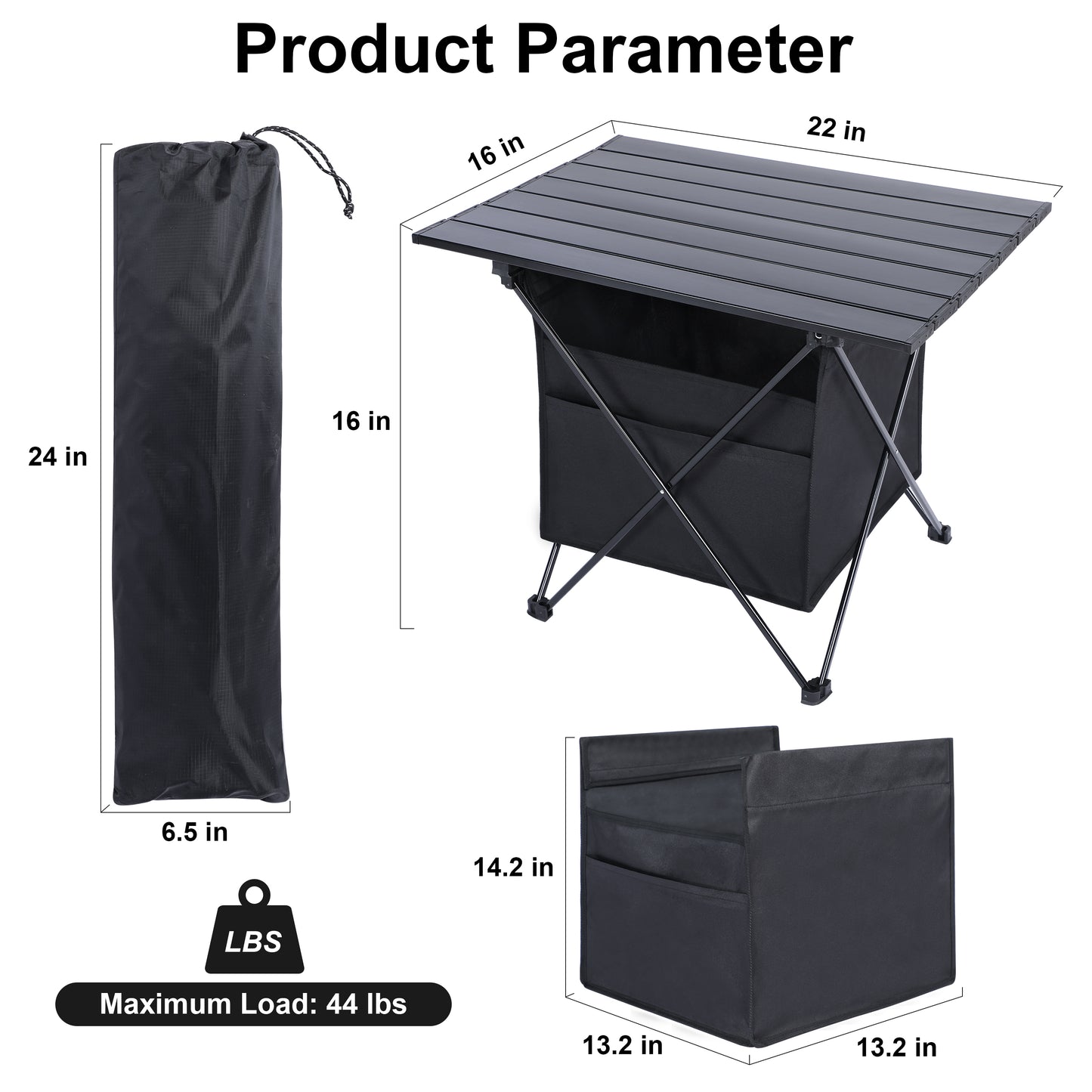 Portable Folding Aluminum Alloy Table with High-Capacity Storage and Carry Bag for Camping, Travel, Hiking, Fishing, Beach, BBQ - Medium, Black
