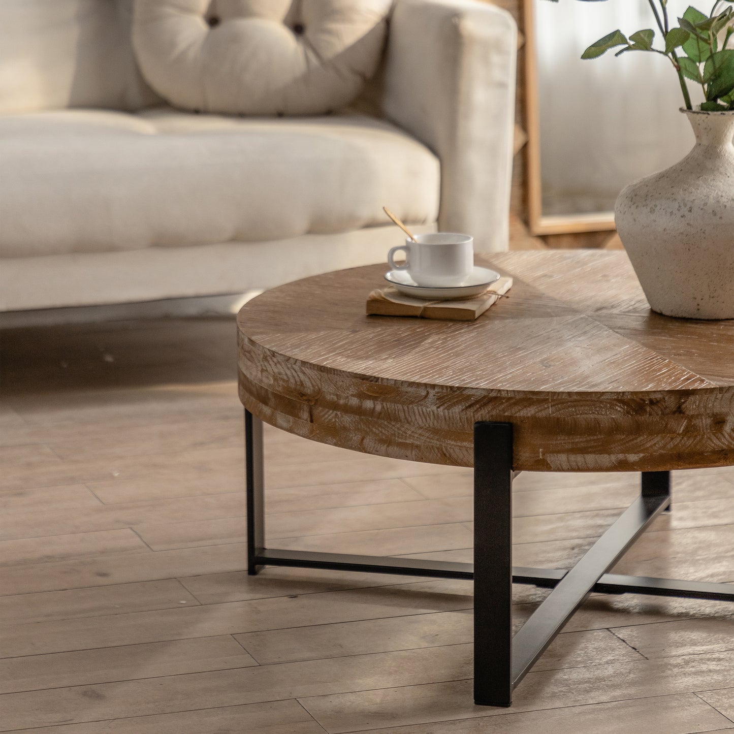 31.29" Modern Retro Splicing Round Coffee Table - Fir Wood Top, Cross Legs Metal Base - Stylish and Functional Furniture for Your Living Room Décor