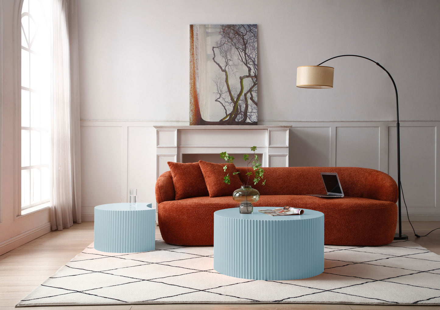 Handcrafted Relief MDF Nesting Table Set of 2, No Assembly Required, Light Blue - Coffee Table Set for Effortless Style
