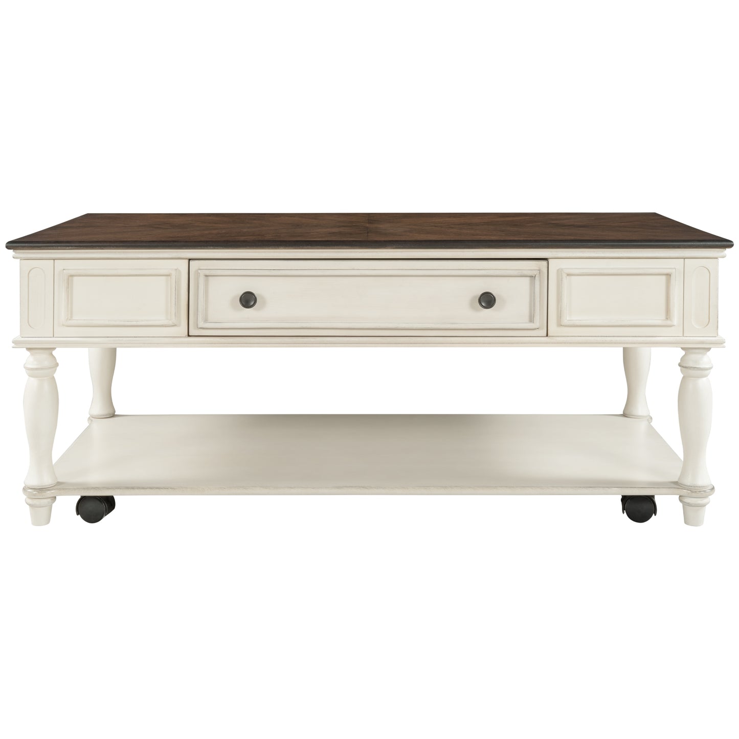 Retro Two-tone Cocktail Table Coffee Table with Caster Wheels | Easy Assembly | Movable | Livingroom Furniture | Antique White Color