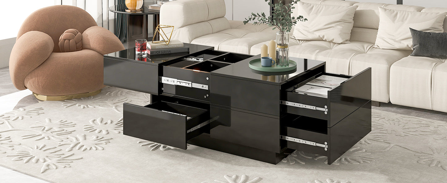 ON-TREND Extendable Coffee Table with 4 Drawers, Hidden Storage, UV High-gloss Center Table, Sliding Top, 35.4"x23.6", Black