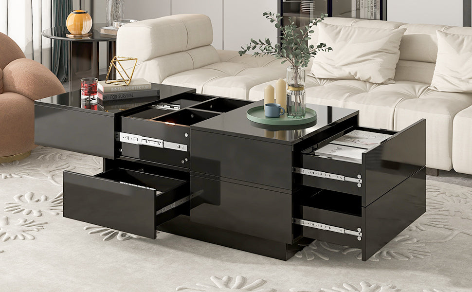 ON-TREND Extendable Coffee Table with 4 Drawers, Hidden Storage, UV High-gloss Center Table, Sliding Top, 35.4"x23.6", Black