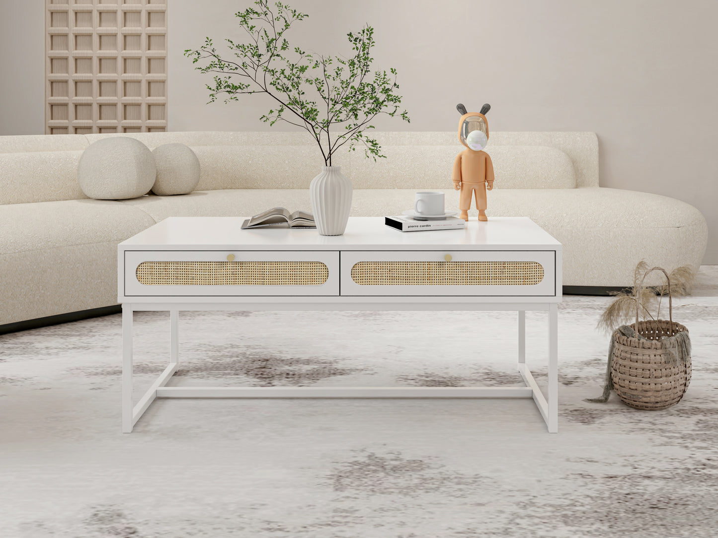 Rattan Drawer Coffee Table - Modern Furniture Decor for Living Room Reception - Easy Assembly, Rectangular - Unique Design, Brown, 2 Drawers