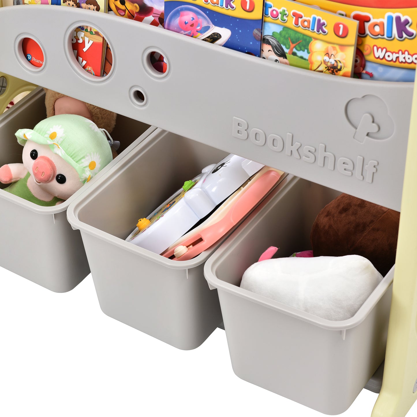 Kids Bookshelf Toy Storage Organizer: 12 Bins, 4 Bookshelves, Multi-functional Nursery Organizer, HDPE Shelf and Bins