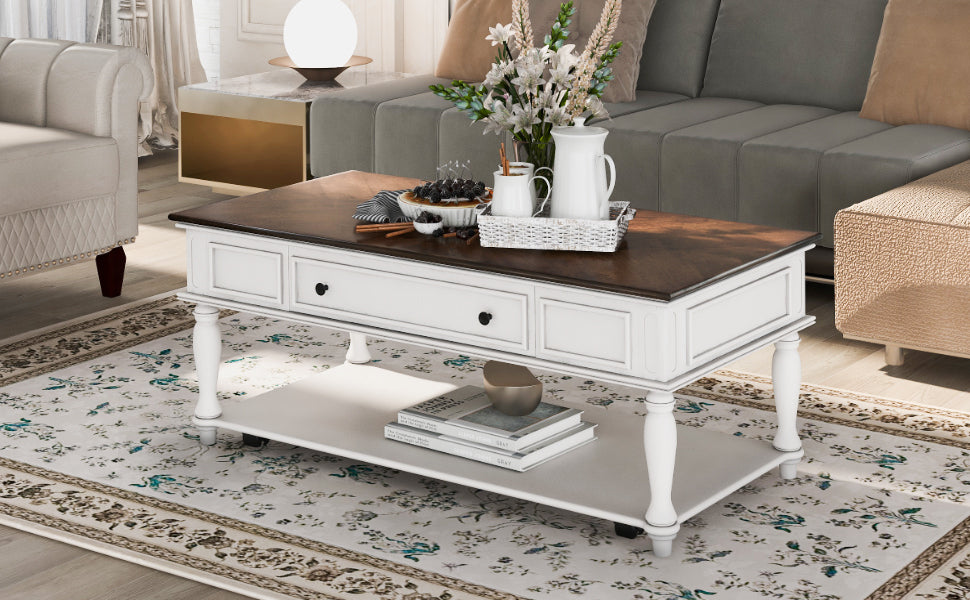 Retro Two-tone Cocktail Table Coffee Table with Caster Wheels | Easy Assembly | Movable | Livingroom Furniture | Antique White Color