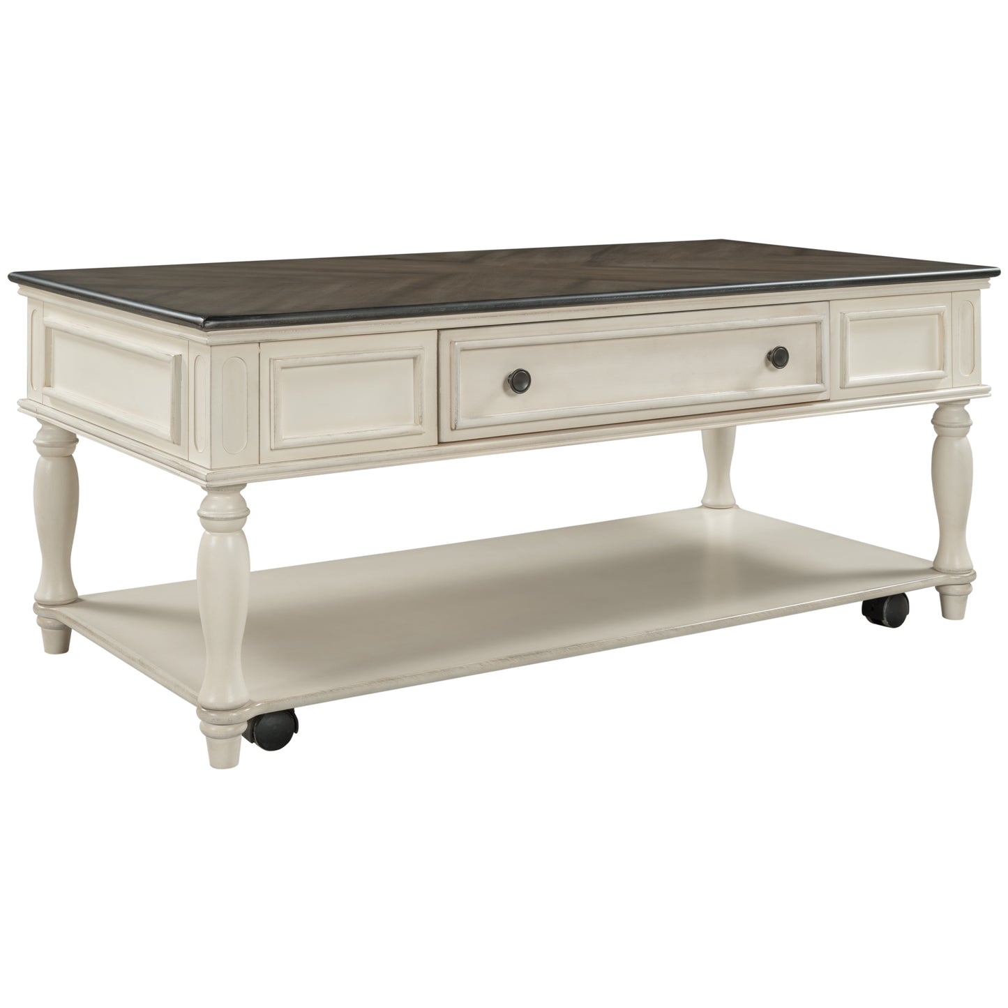 ON-TREND Two-tone Retro Cocktail Table: Easy Assembly, Movable with Caster Wheels for Livingroom (Antique Gray)