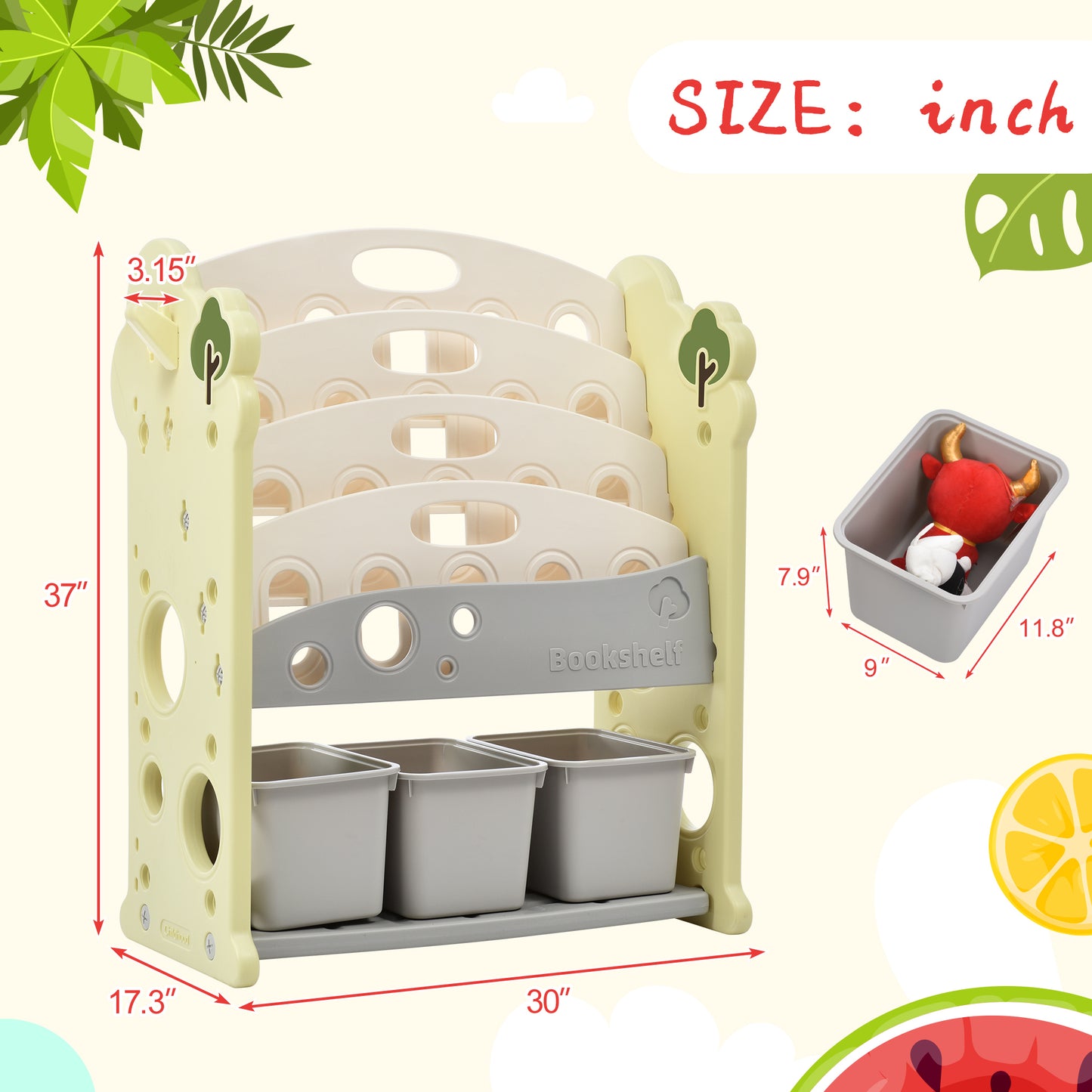 Kids Bookshelf Toy Storage Organizer: 12 Bins, 4 Bookshelves, Multi-functional Nursery Organizer, HDPE Shelf and Bins