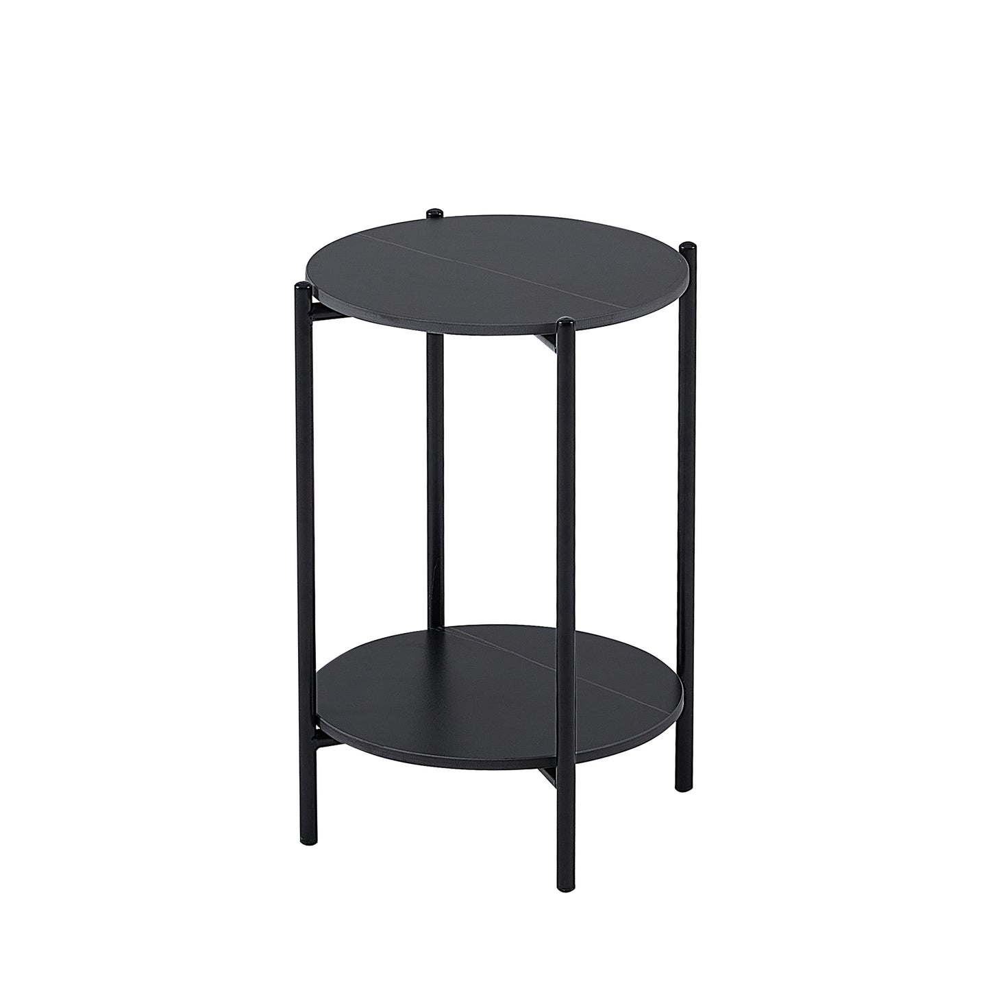 2-Layer End Table with Whole Marble Tabletop, Round Coffee Table for Bedroom Living Room Office. Black Metal Frame. 1 Piece.