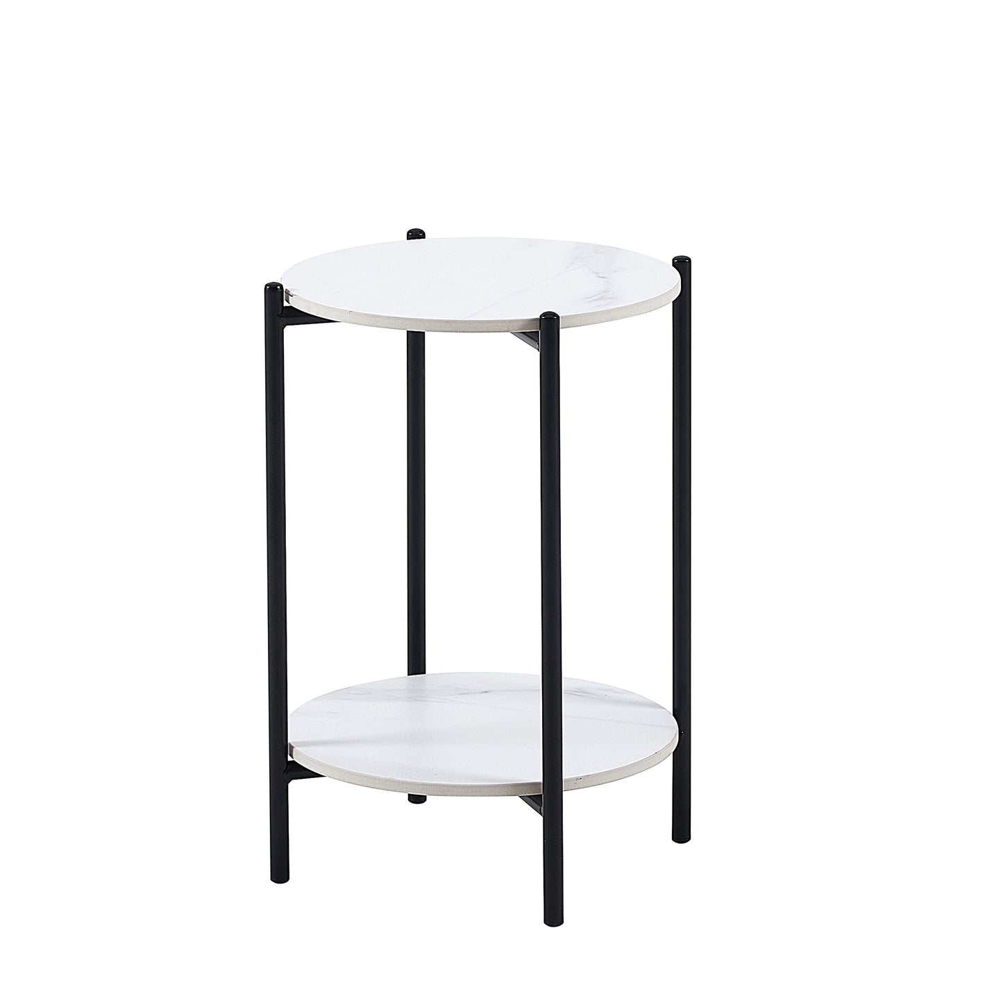 2-Layer End Table with Whole Marble Tabletop, Round Coffee Table with Black Metal Frame - White,1 piece: Stylish and Functional Furniture for Bedroom Living Room Office.