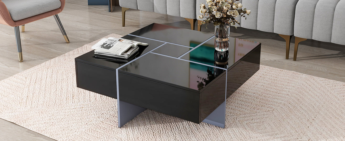 ON-TREND Unique Design Coffee Table with 4 Hidden Storage Compartments, Extendable Sliding Tabletop, UV High-gloss Center Table for Living Room, 31.5"x 31.5"
