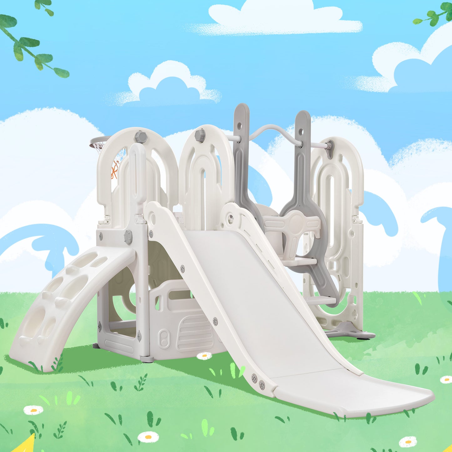 Toddler Slide and Swing Set: 5 in 1, Kids Playground Climber Slide Playset with Basketball Hoop - Freestanding Combination for Indoor & Outdoor Use