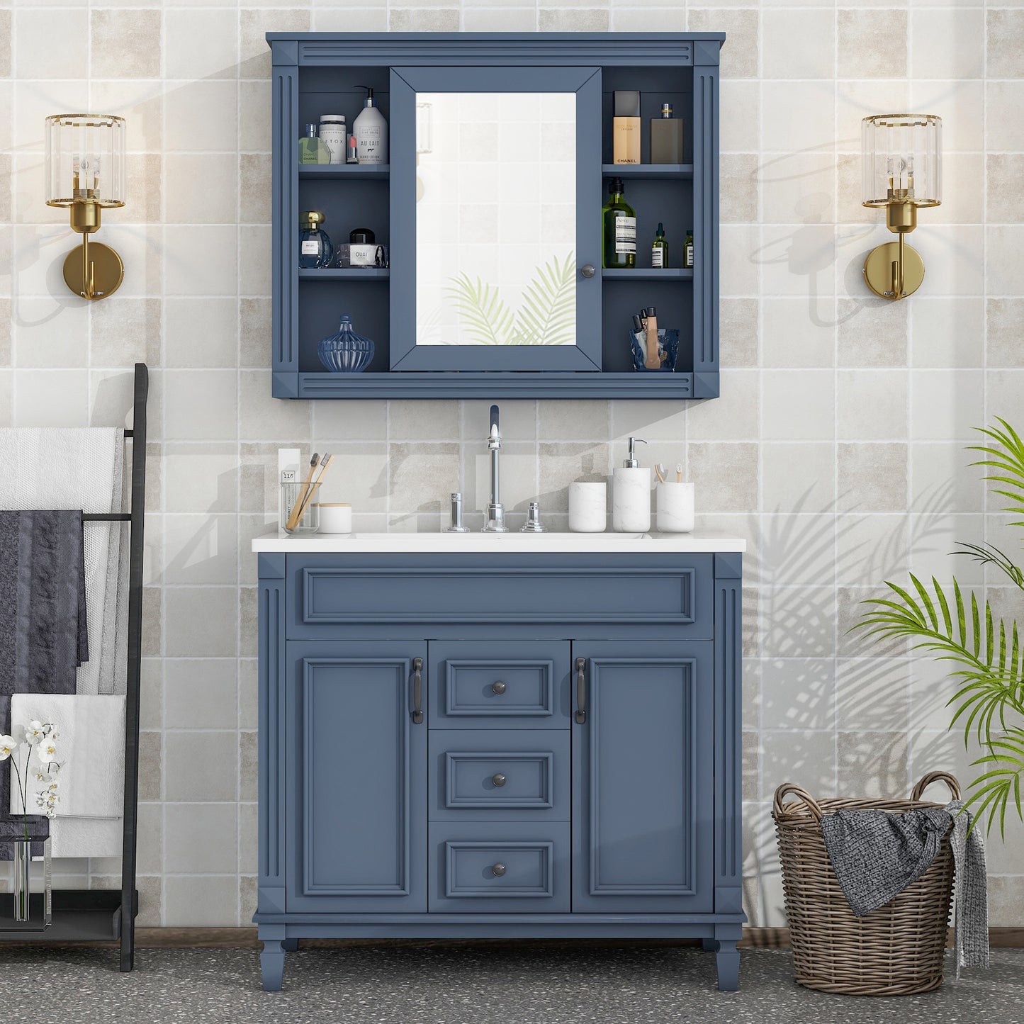36'' Bathroom Vanity with Top Sink - Royal Blue Mirror Cabinet, Modern Storage Cabinet with 2 Doors and 2 Drawers - Single Sink Vanity