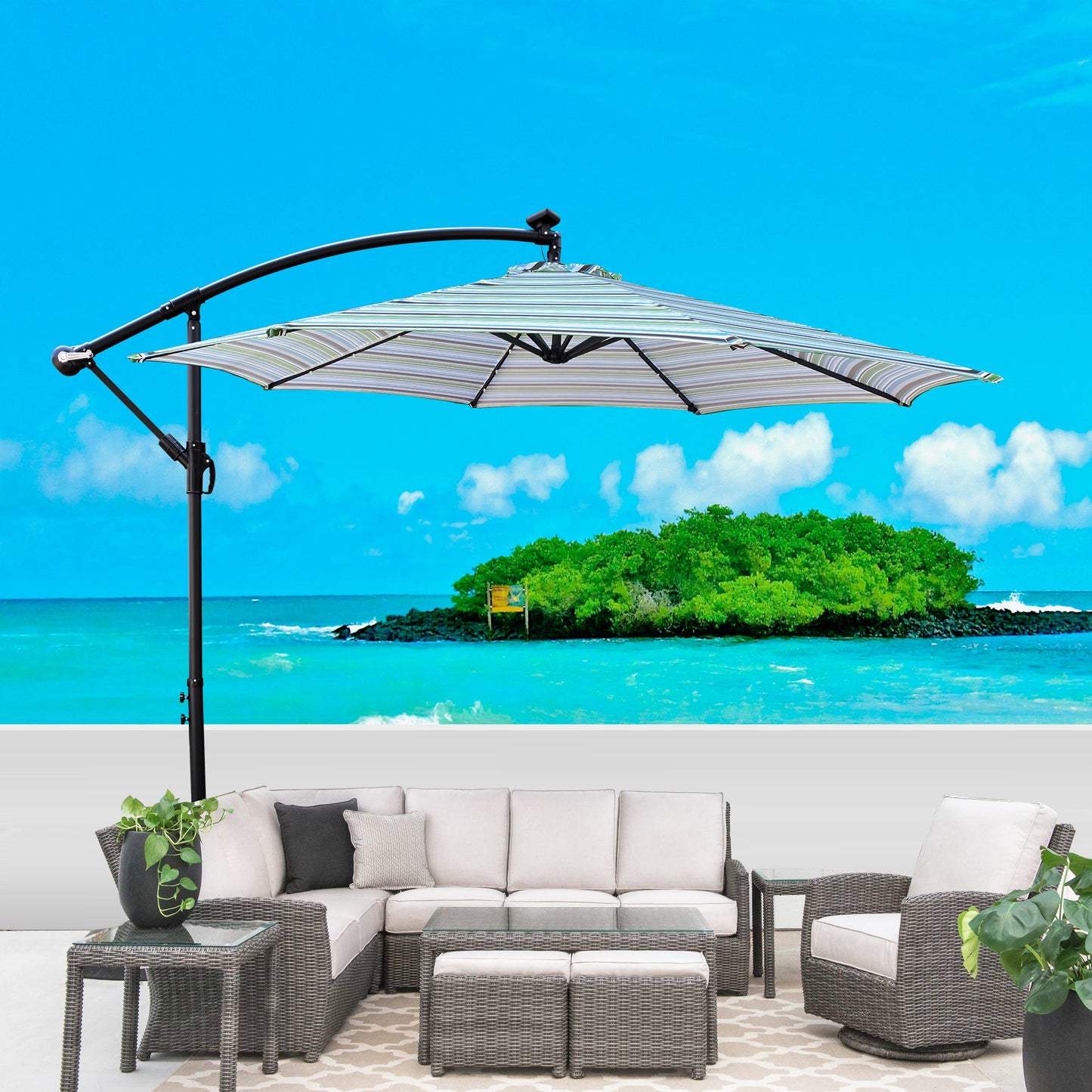10 ft Outdoor Patio Umbrella - Solar Powered LED Lighted Sun Shade Market Waterproof 8 Ribs Umbrella with Crank and Cross Base - Garden Deck Backyard Pool Shade - Outside Deck Swimming Pool - Black