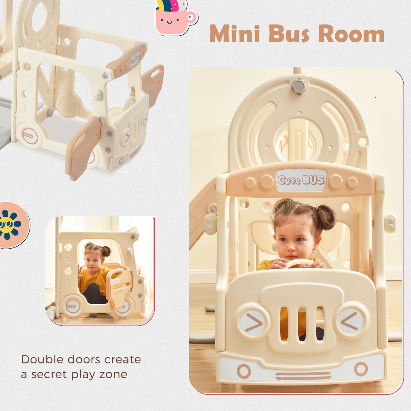 Kids Swing-N-Slide: Freestanding Bus Toy with Slide & Swing for Toddlers | Basketball Hoop | Fun Bus Play Structure