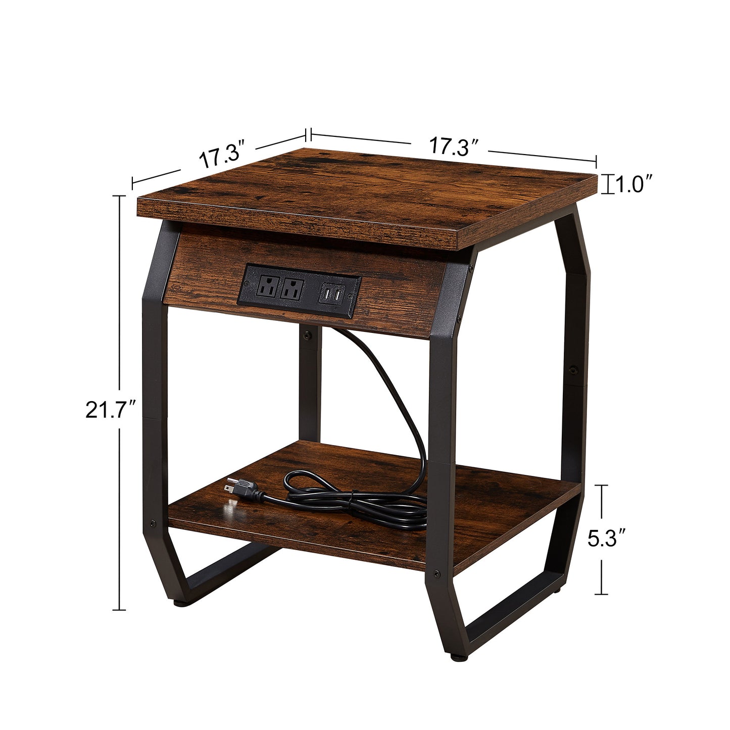 Side Table with Charging Station, Set of 2 End Tables with USB Ports and Sockets, Bedside Tables in Living Room, Bedroom, Rustic Brown, 17.32'' W x 17.32'' D x 21.65'' H