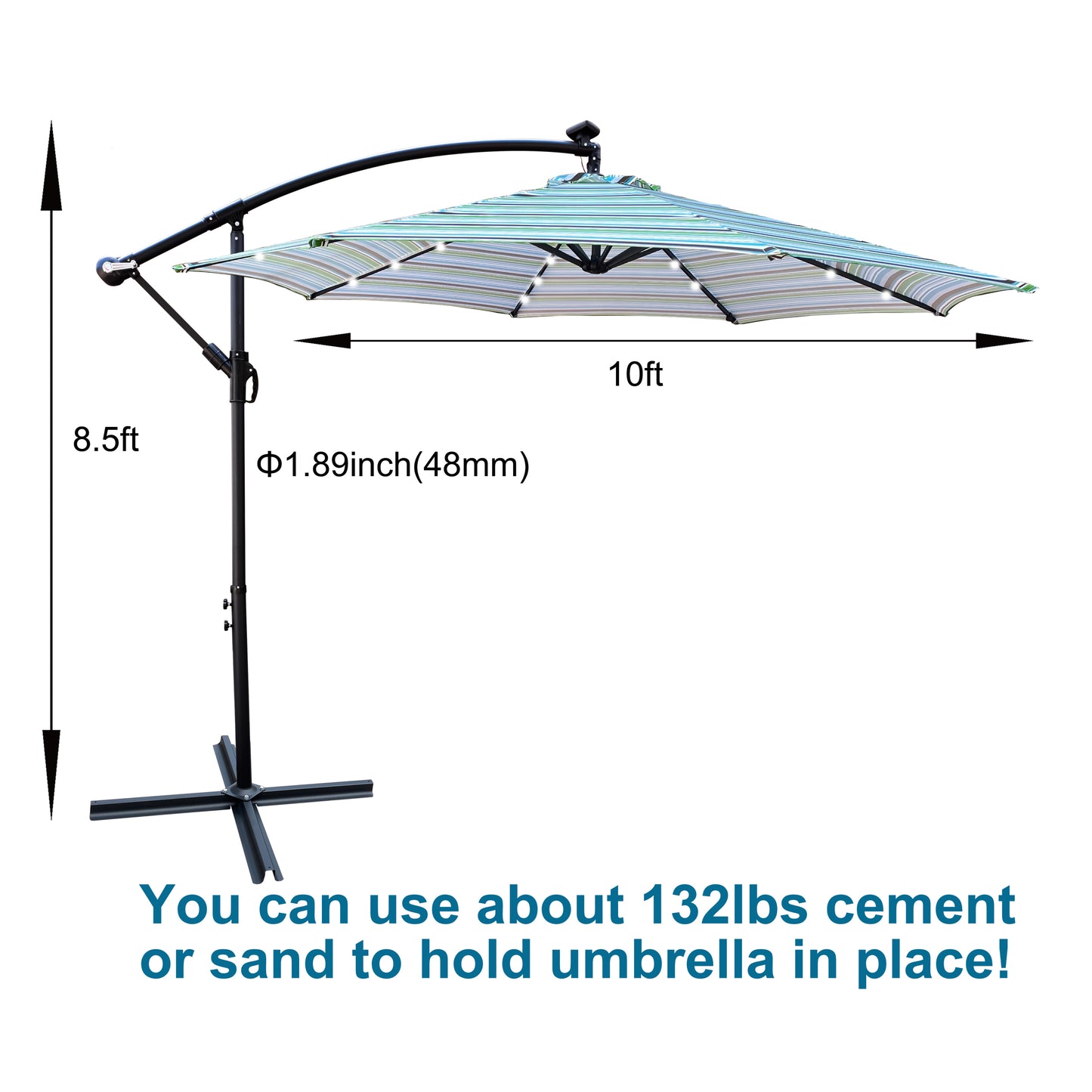 10 ft Outdoor Patio Umbrella - Solar Powered LED Lighted Sun Shade Market Waterproof 8 Ribs Umbrella with Crank and Cross Base - Garden Deck Backyard Pool Shade - Outside Deck Swimming Pool - Black