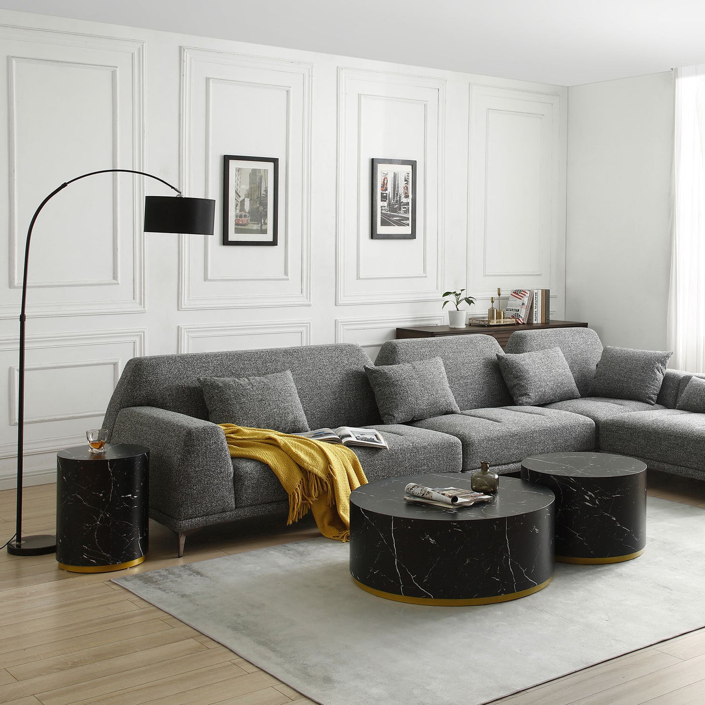 Modern Faux Marble Coffee Tables: 35.43inch Accent Tea Tables with Gold Metal Base in Black Color