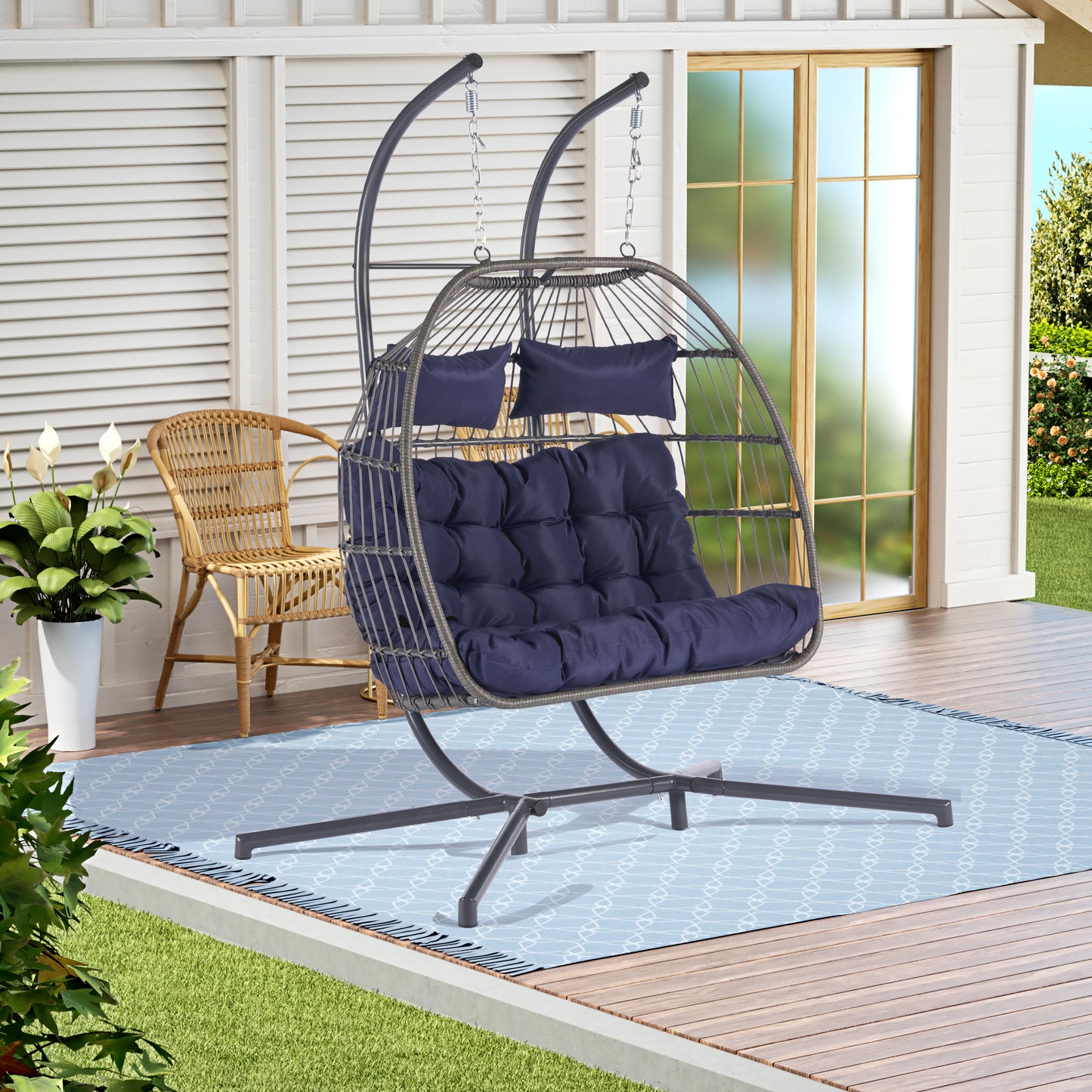 2 Person Outdoor Rattan Hanging Chair - Patio Wicker Egg Chair for Relaxation and Comfort in Your Outdoor Space