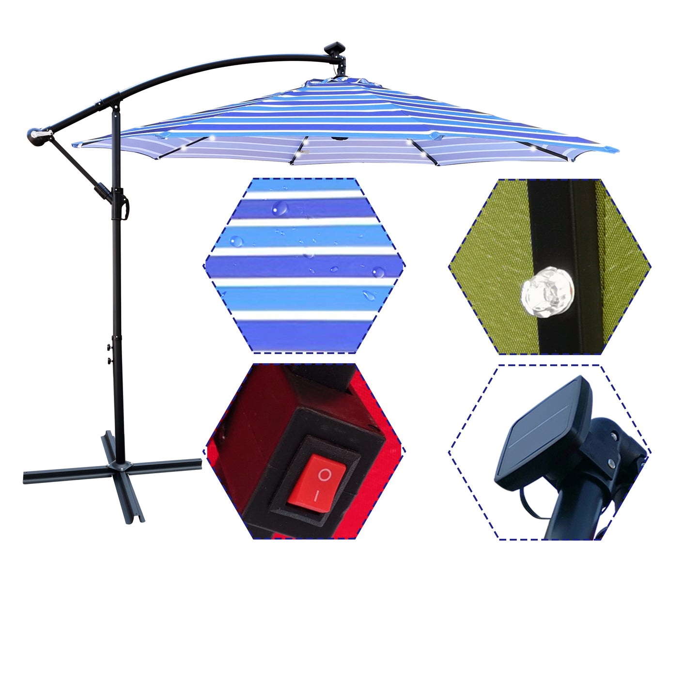 10 ft Solar Powered LED Lighted Patio Umbrella, Waterproof, 8 Ribs, Crank and Cross Base, for Garden, Deck, Backyard, Pool, Shade, Outside, Swimming Pool, Market Umbrella