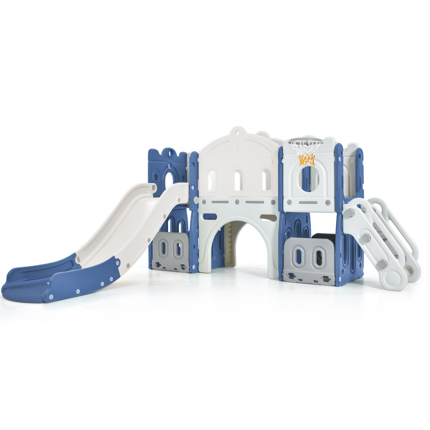 Kids Slide Playset Structure, Freestanding Castle Climber with Slide and Basketball Hoop, Toy Storage Organizer for Toddlers, Kids Climbers Playhouse for Indoor Outdoor Playground Activity