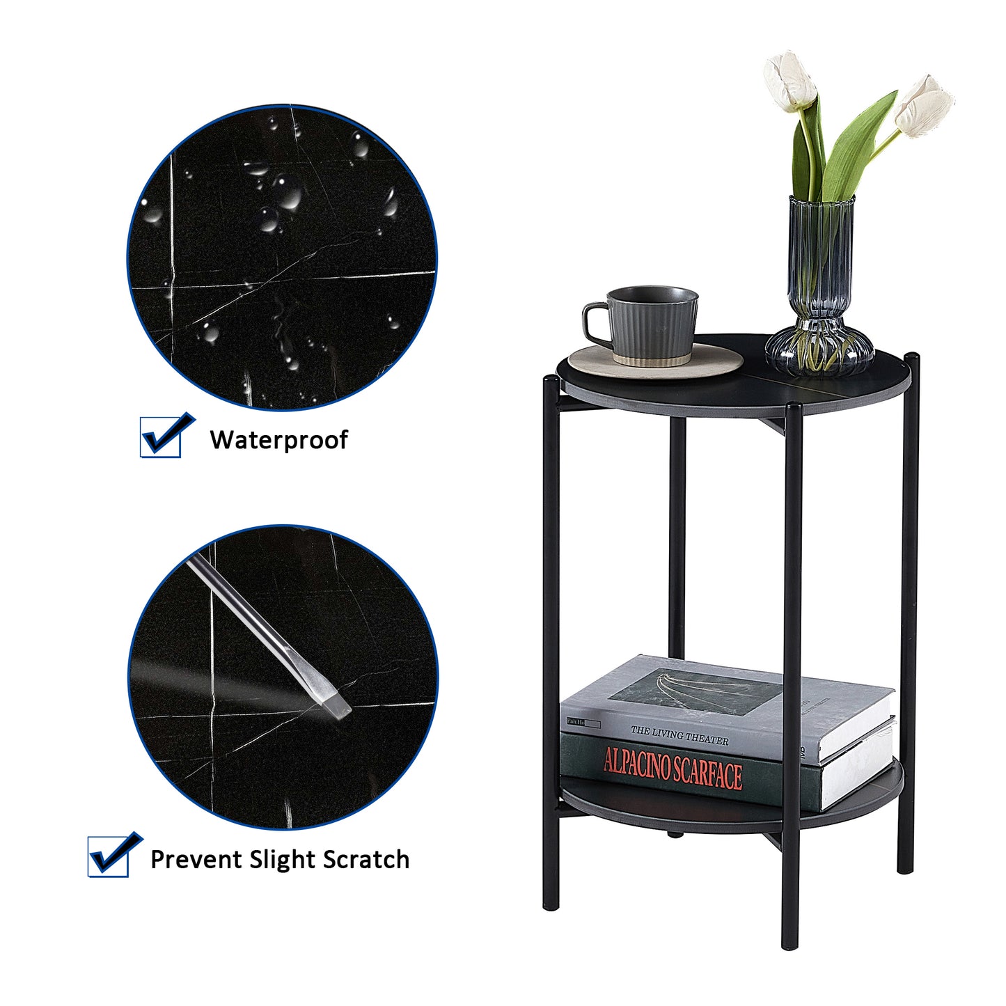2-Layer End Table with Whole Marble Tabletop, Round Coffee Table for Bedroom Living Room Office. Black Metal Frame. 1 Piece.