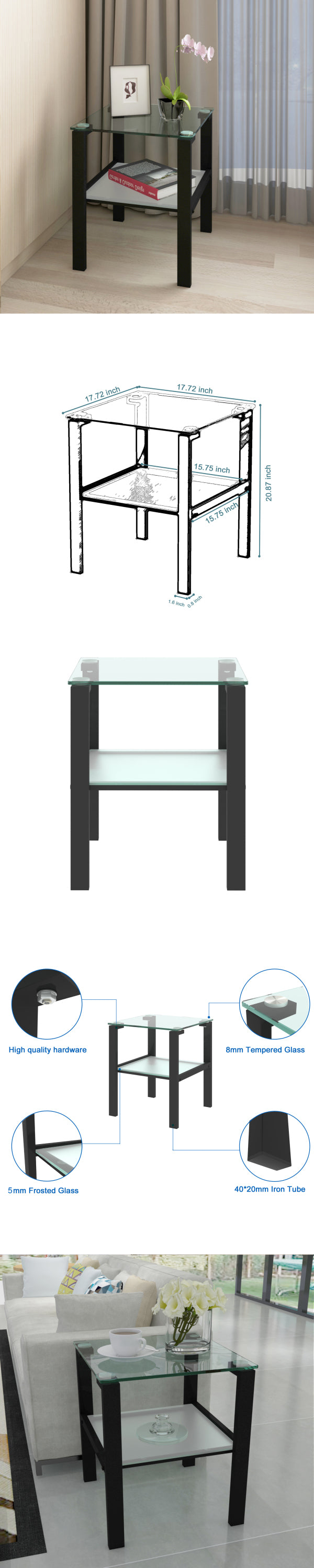 Glass 2-Layer Tea Table: Small Round Table for Bedroom & Living Room - Black Side Table