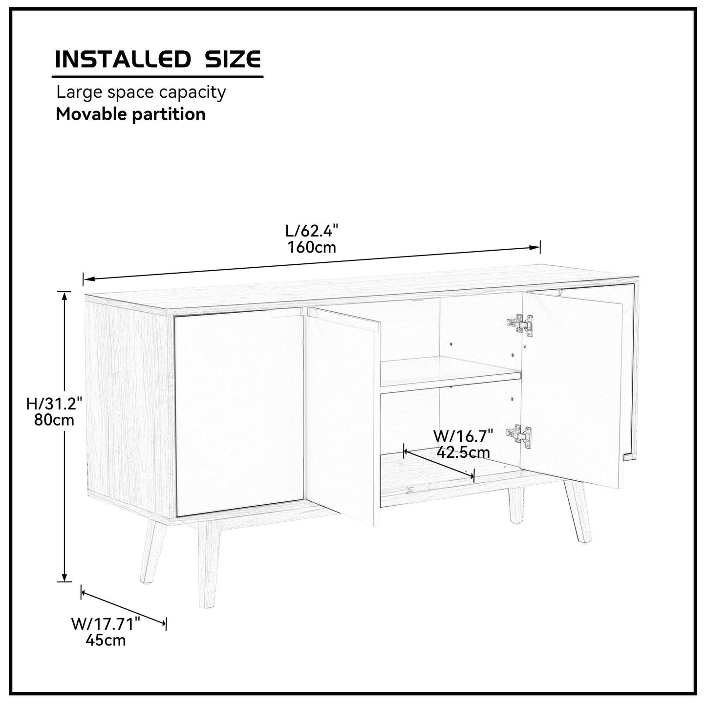 Modern Sideboard with 4 Door, Buffet Cabinet, Storage Cabinet, Anti-Topple Design, Large Countertop Walnut