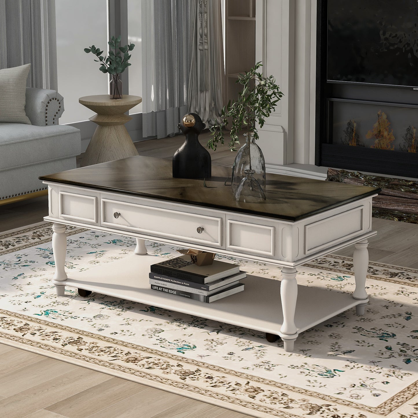 ON-TREND Two-tone Retro Cocktail Table: Easy Assembly, Movable with Caster Wheels for Livingroom (Antique Gray)