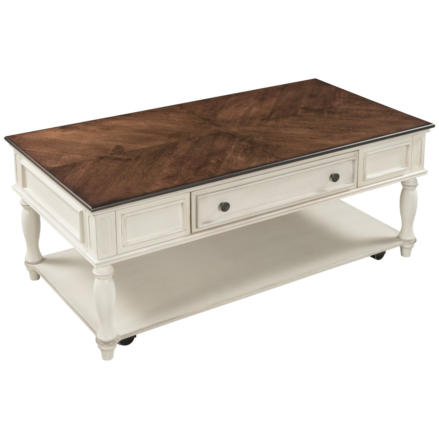 Retro Two-tone Cocktail Table Coffee Table with Caster Wheels | Easy Assembly | Movable | Livingroom Furniture | Antique White Color