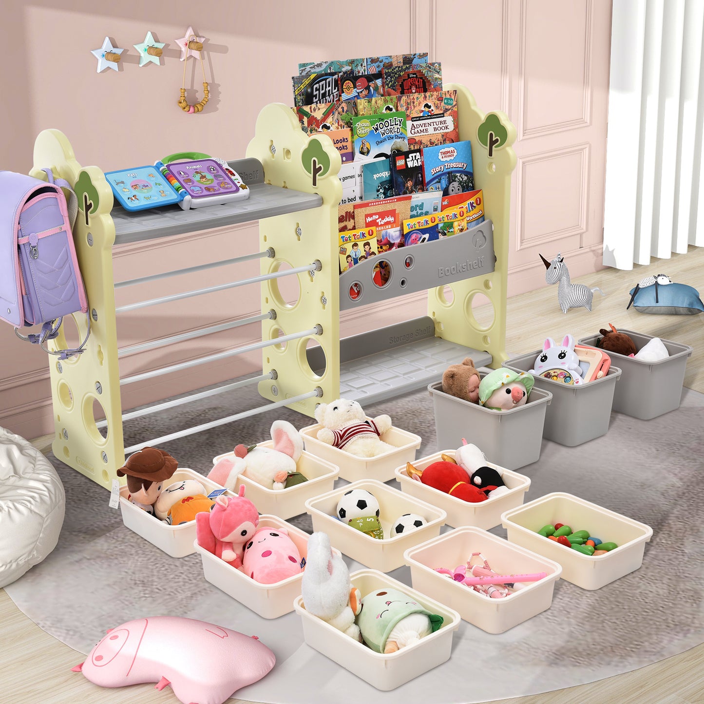 Kids Bookshelf Toy Storage Organizer: 12 Bins, 4 Bookshelves, Multi-functional Nursery Organizer, HDPE Shelf and Bins