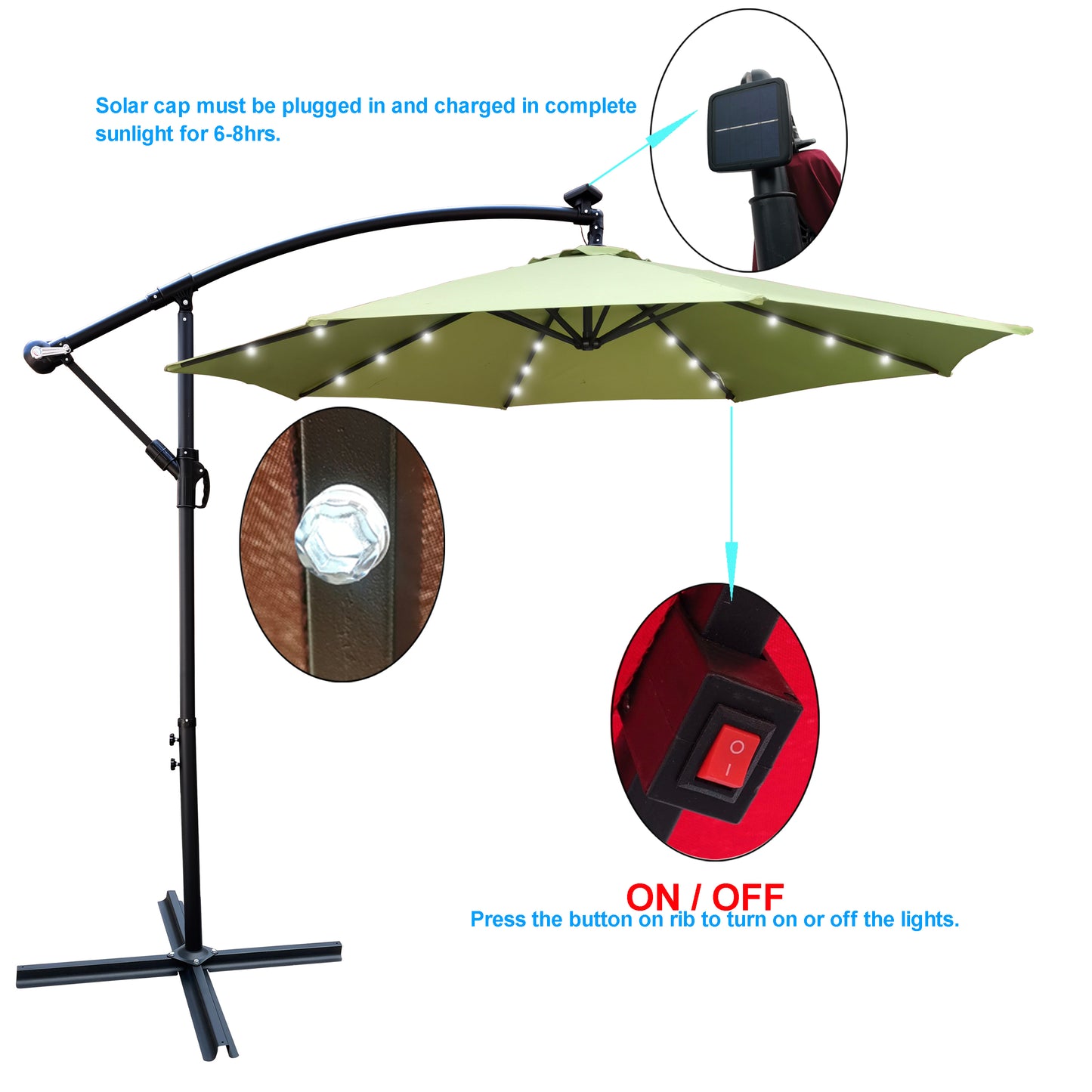 10 ft Outdoor Patio Umbrella Solar Powered LED Lighted Sun Shade Market Waterproof 8 Ribs Umbrella with Crank and Cross Base - Ideal for Garden, Deck, Backyard, Pool, and Outside Deck Swimming Pool - Various Colors & Sizes Available