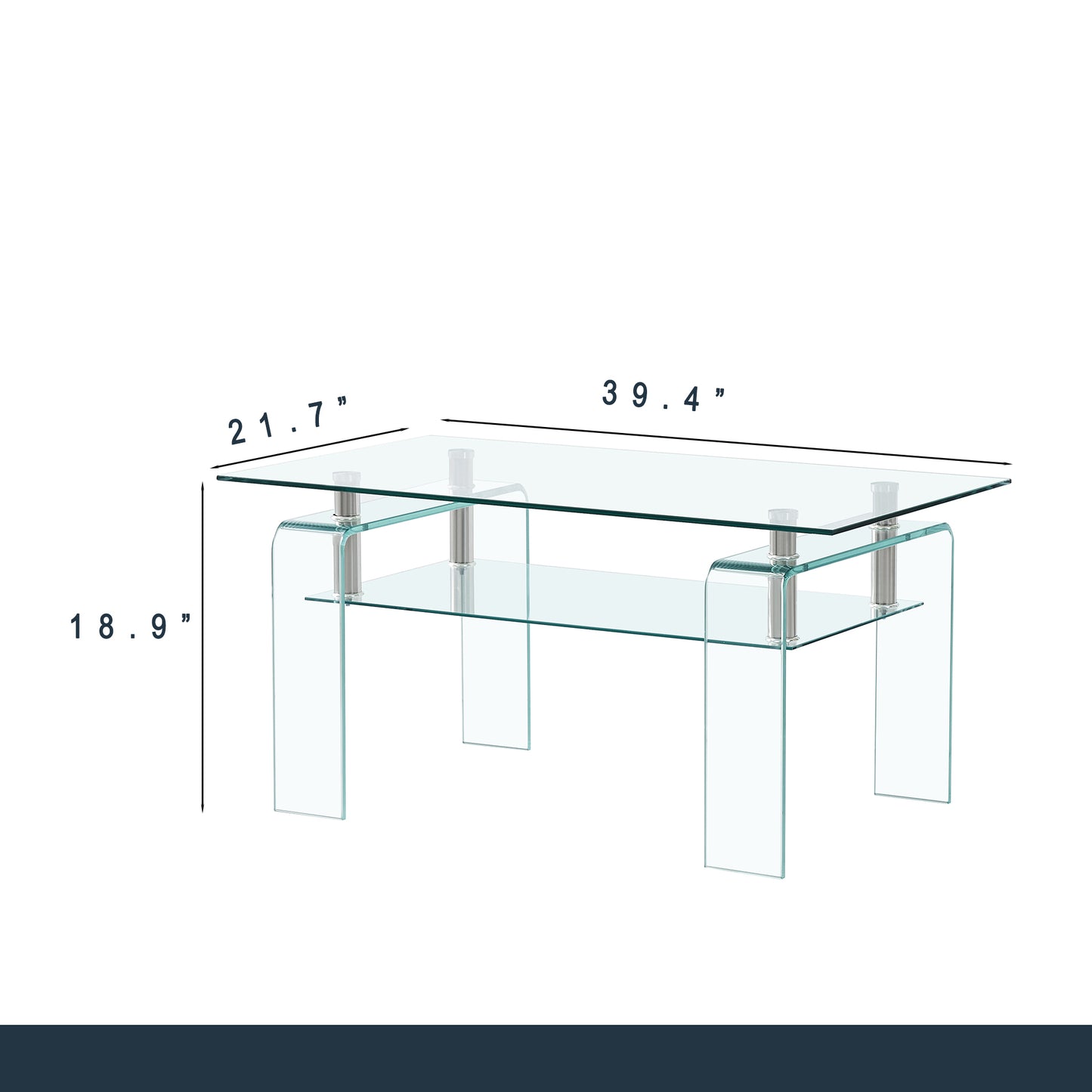 Rectangle Clear Glass Coffee Table, Modern 2-Tier Storage Center, Tempered Glass Tea Table for Living Room
