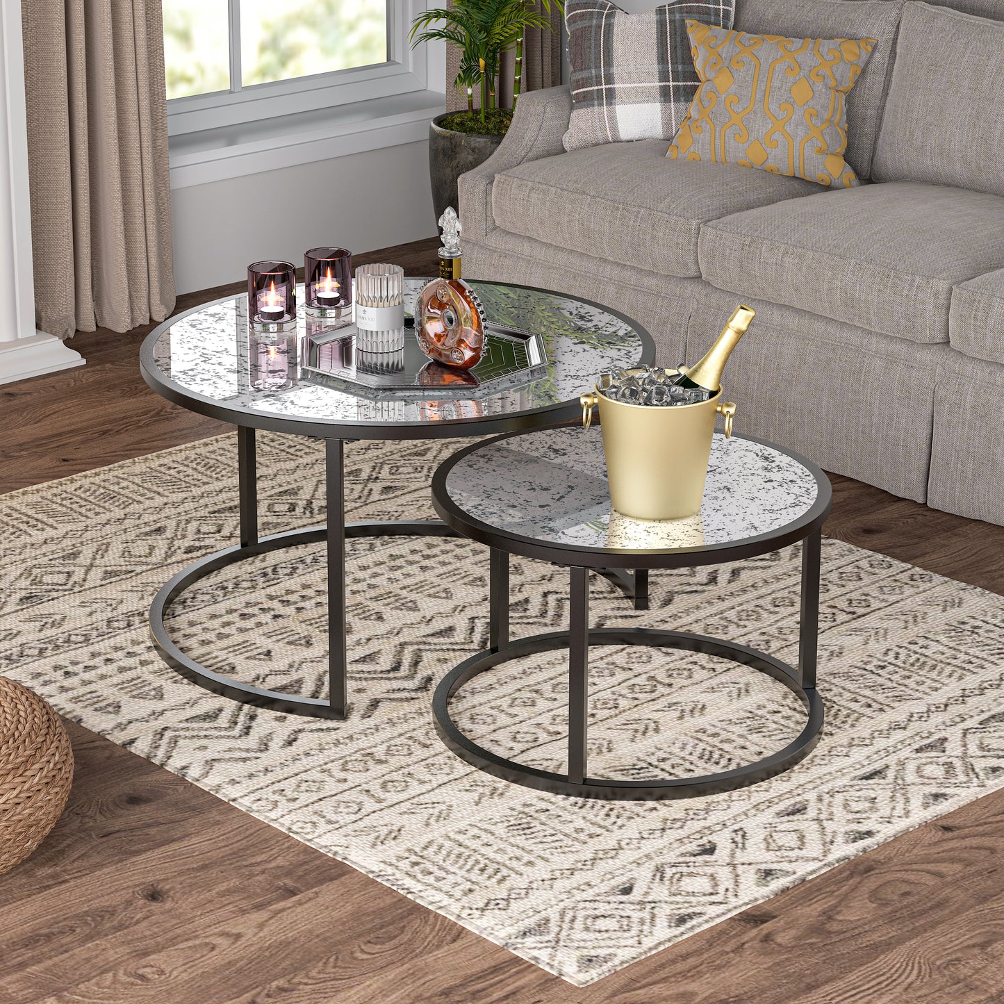 Round Coffee Table Set of 2 Metal Frame & Glass Top End Tables for Living Room Bedroom, Nesting Tables - Stylish & Functional Furniture