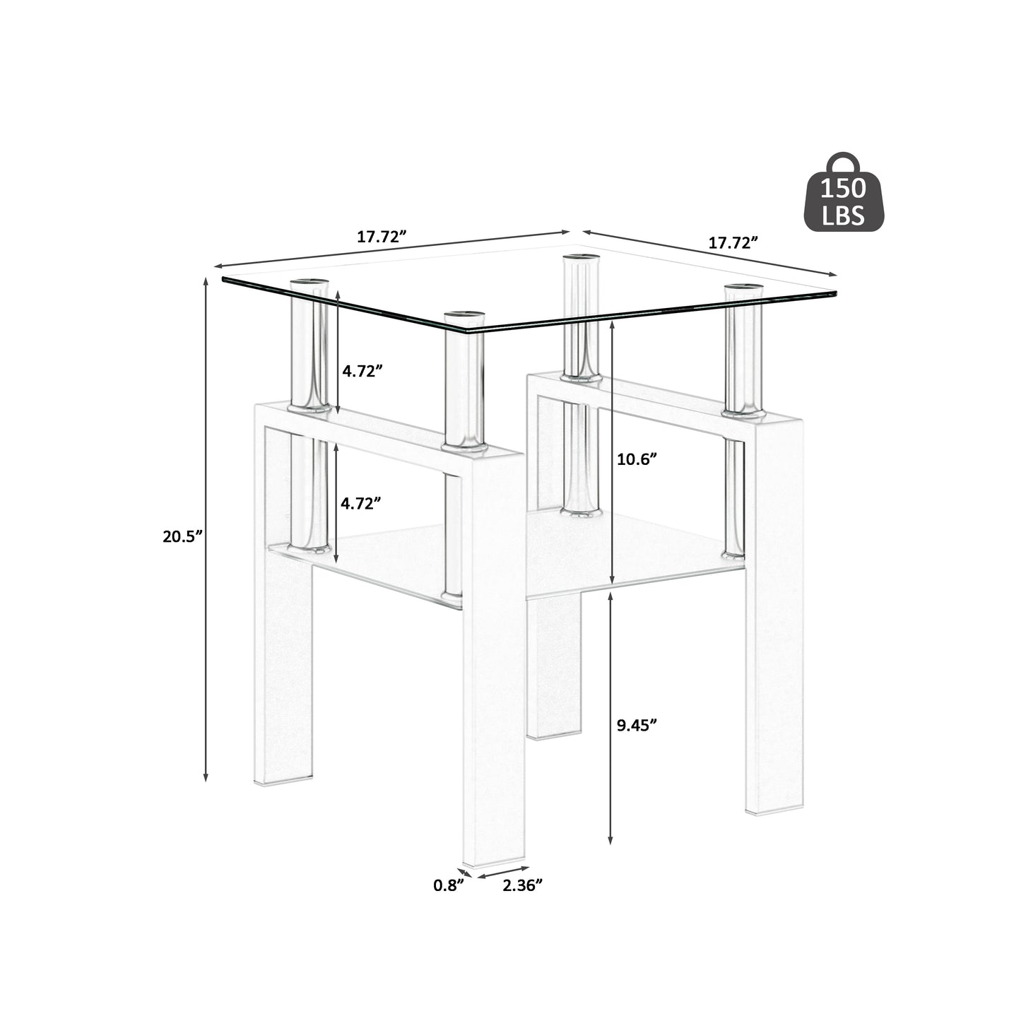Square Tempered Glass Tea Table Coffee Table End Table Set, Modern and Transparent/White Design for Living Room