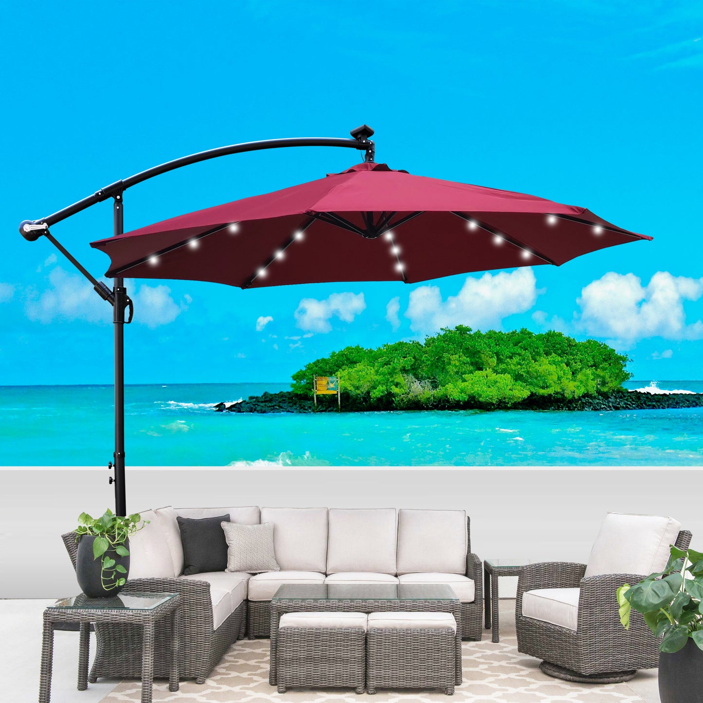 10 ft Outdoor Patio Umbrella Solar Powered LED Lighted Sun Shade Market Waterproof 8 Ribs Umbrella with Crank and Cross Base for Garden Deck Backyard Pool Shade Outside Deck Swimming Pool - Black, 10 ft