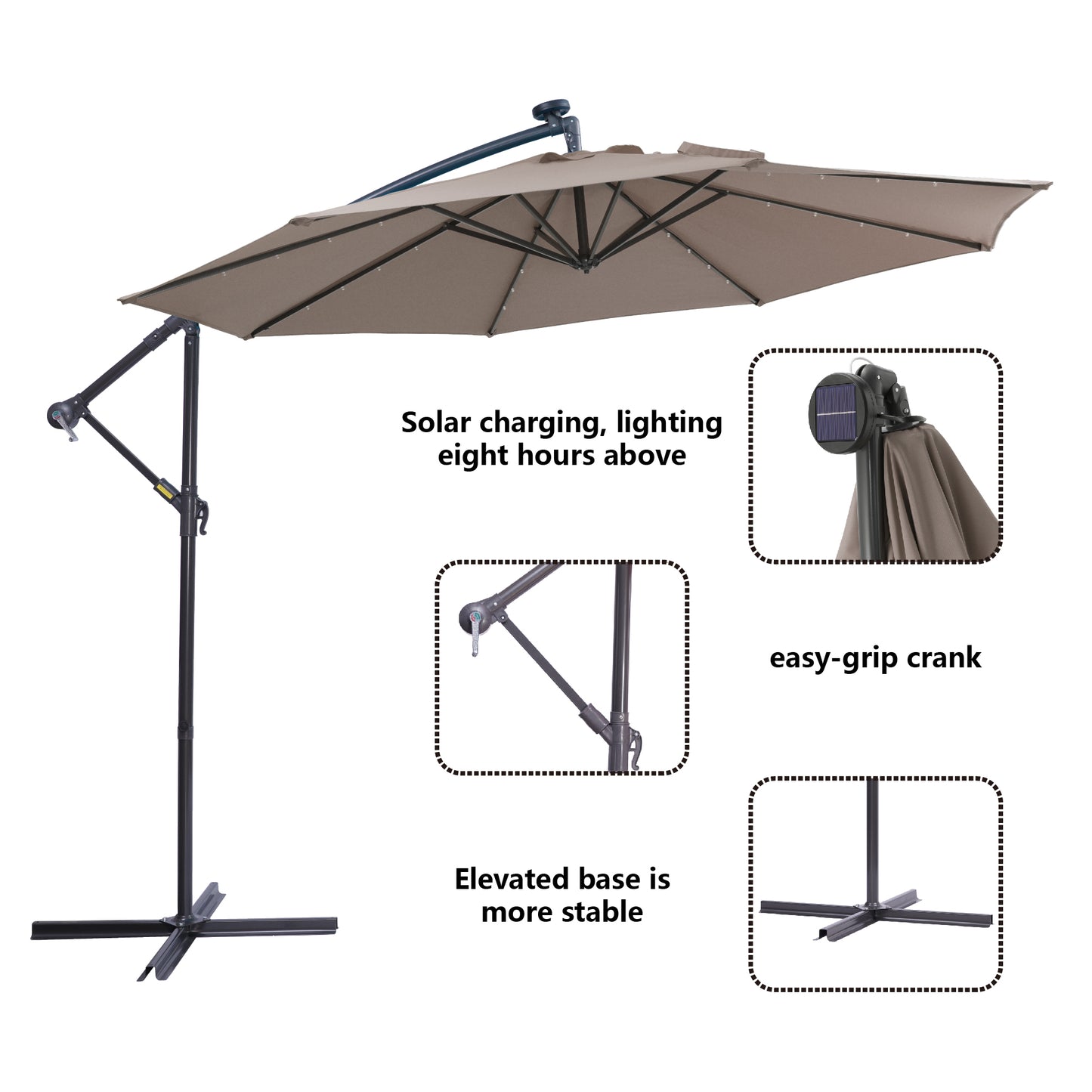 10 FT Solar LED Patio Outdoor Umbrella with 32 LED Lights - Dark Taupe