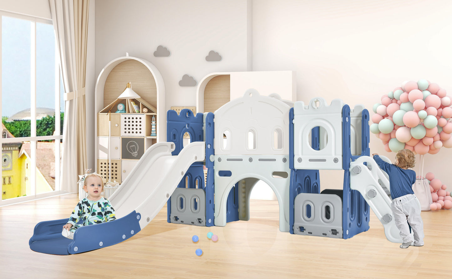 Kids Slide Playset Structure, Freestanding Castle Climber with Slide and Basketball Hoop, Toy Storage Organizer for Toddlers, Kids Climbers Playhouse for Indoor Outdoor Playground Activity