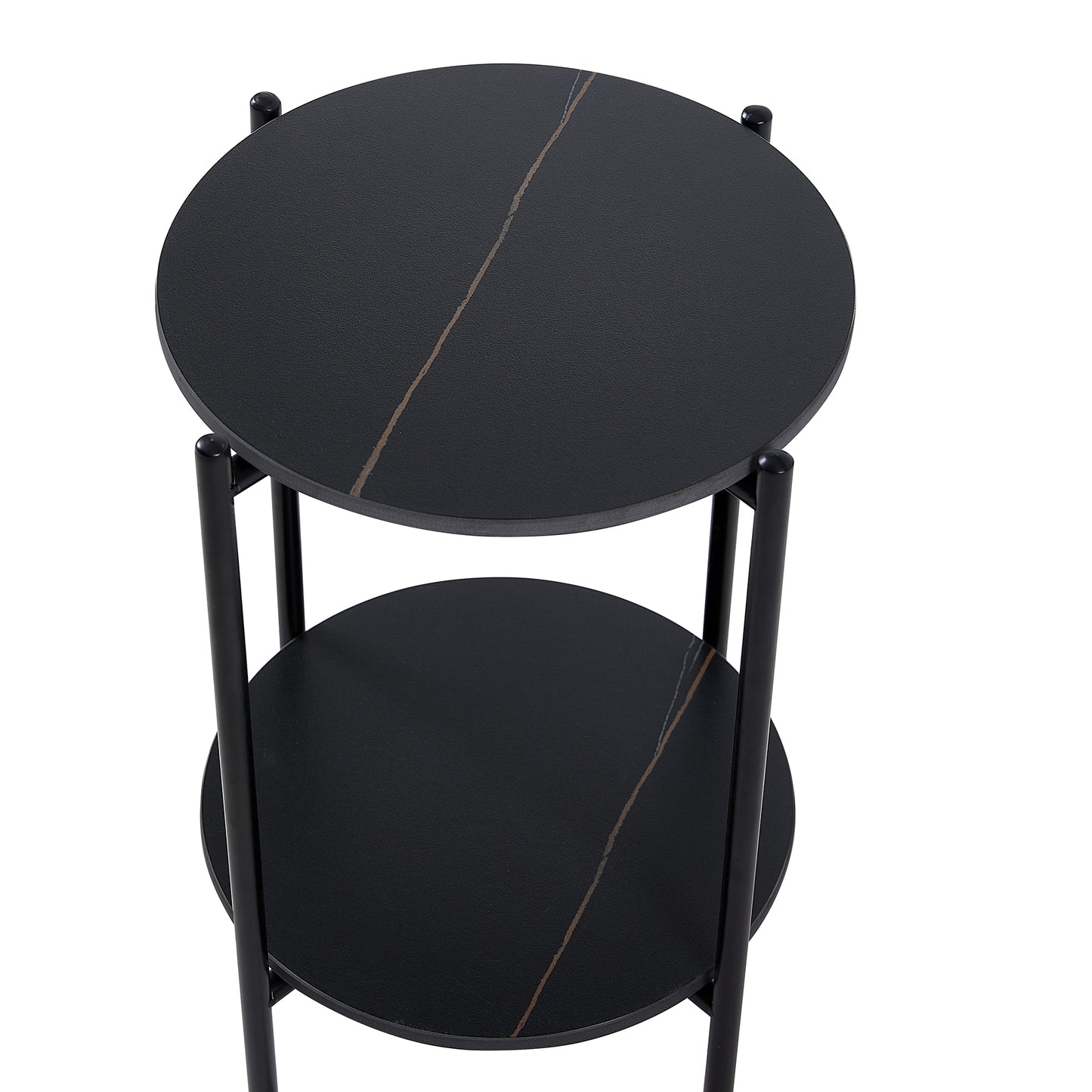 2-Layer End Table with Whole Marble Tabletop, Round Coffee Table for Bedroom Living Room Office. Black Metal Frame. 1 Piece.