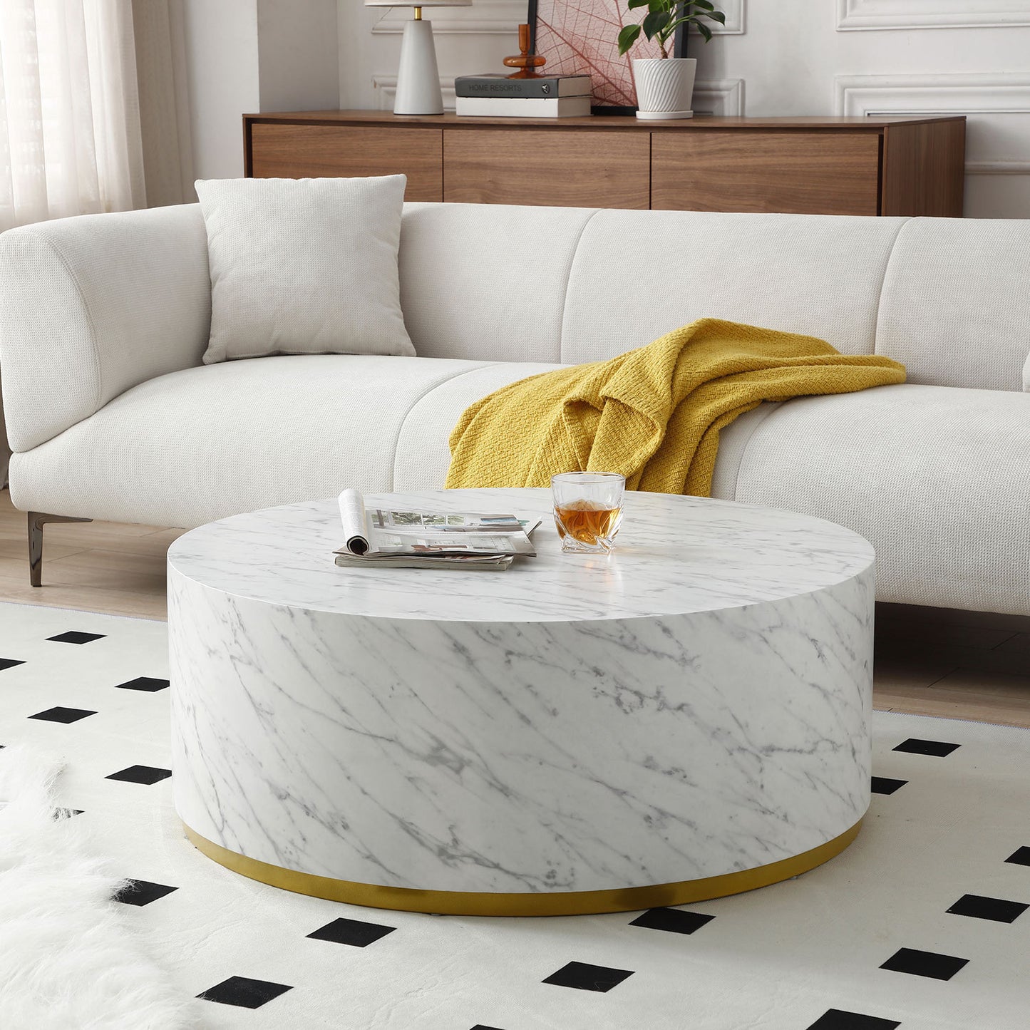Faux Marble Coffee Tables for Living Room: 35.43inch Accent Tea Tables with Gold Metal Base in White